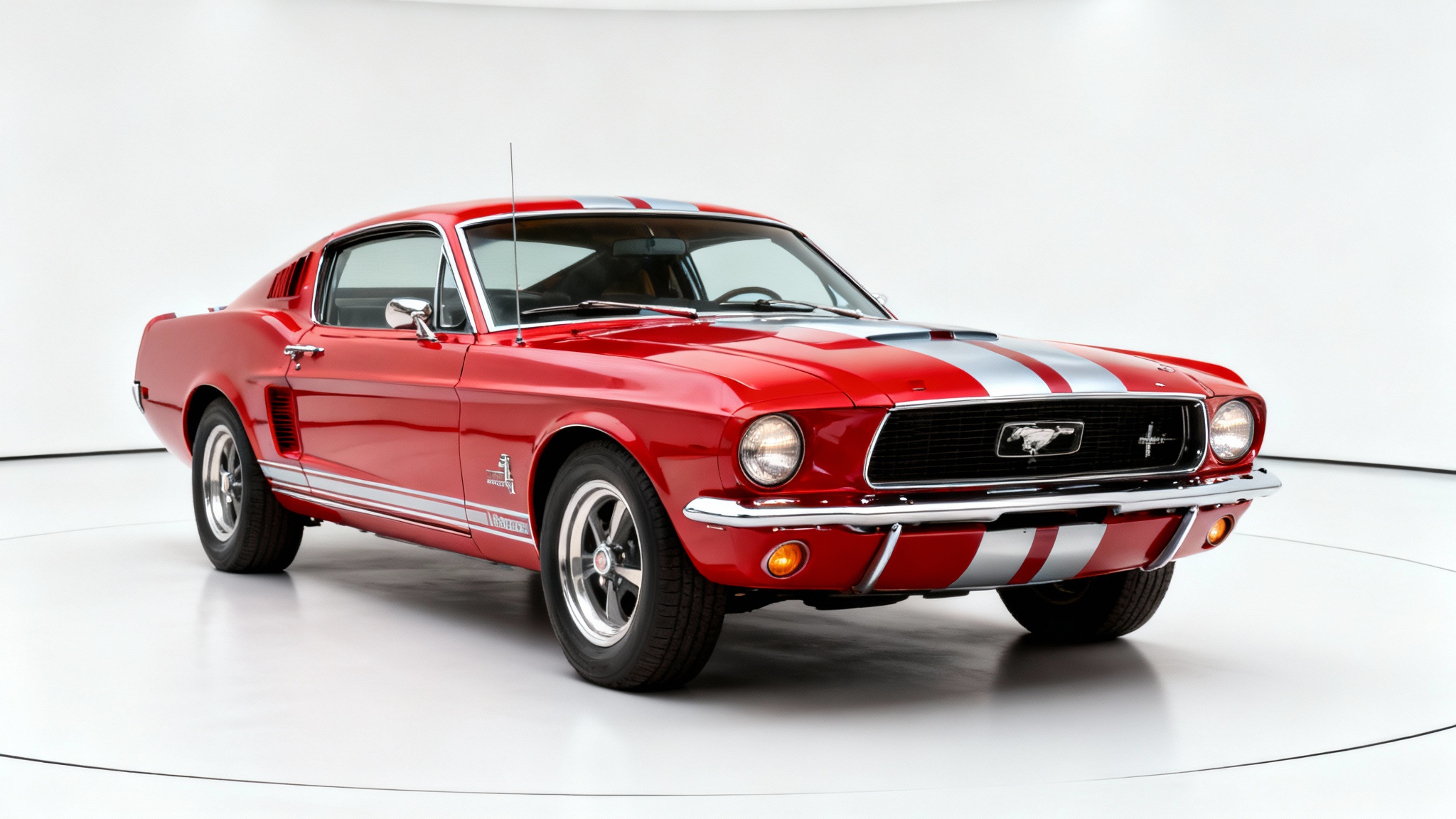 A photorealistic studio shot of a classic 1967 Shelby GT500 in candy apple red, positioned on a pure white background to highlight its features for a wallpaper.
