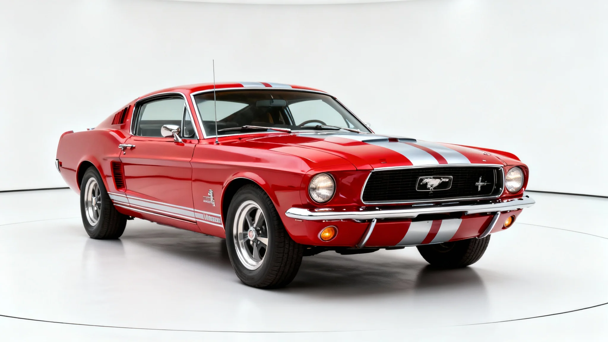 A photorealistic studio shot of a classic 1967 Shelby GT500 in candy apple red, positioned on a pure white background to highlight its features for a wallpaper.