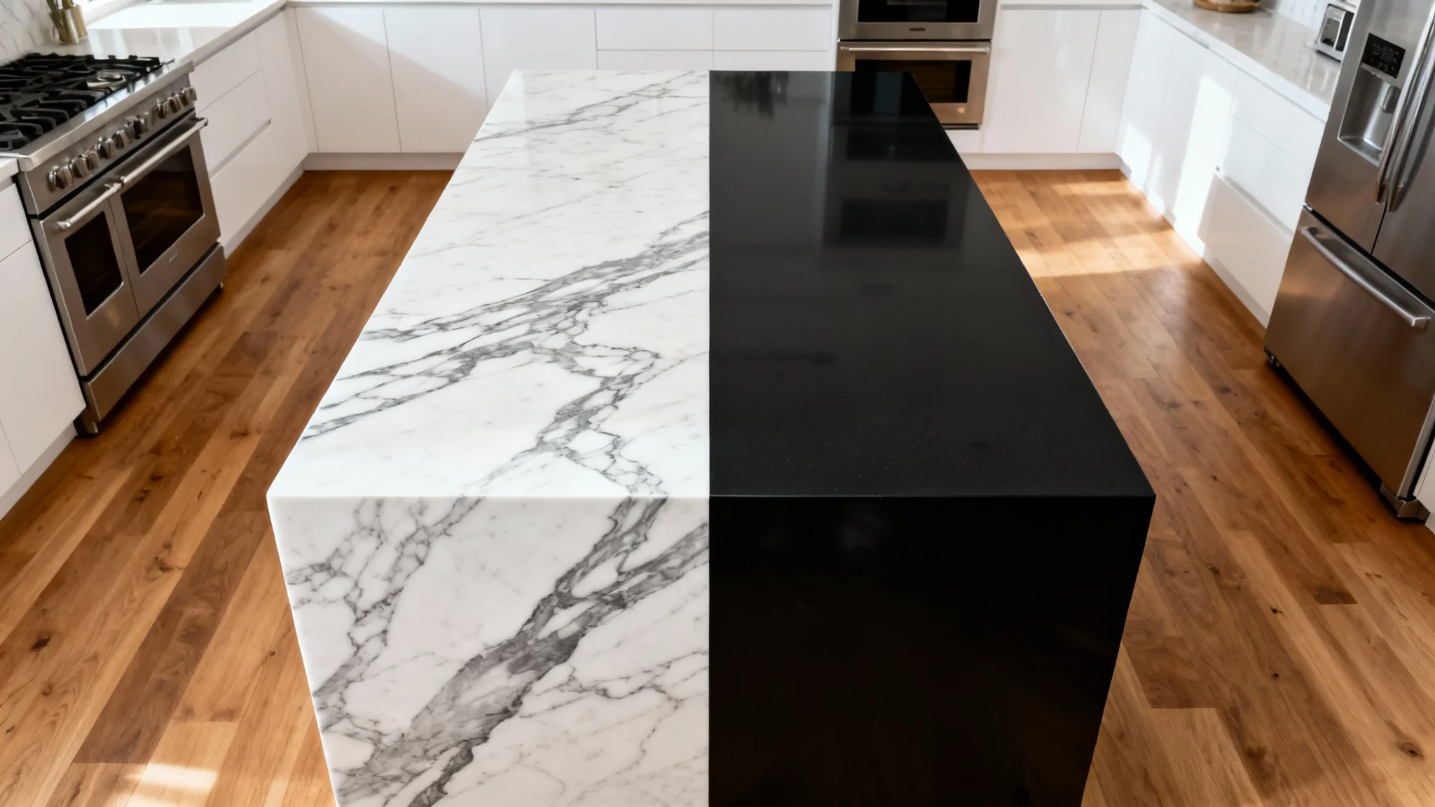 An eye-catching hero image of a modern kitchen where the island countertop is split in two, showing a white marble option on the left and a black quartz option on the right, demonstrating a countertop visualizer.