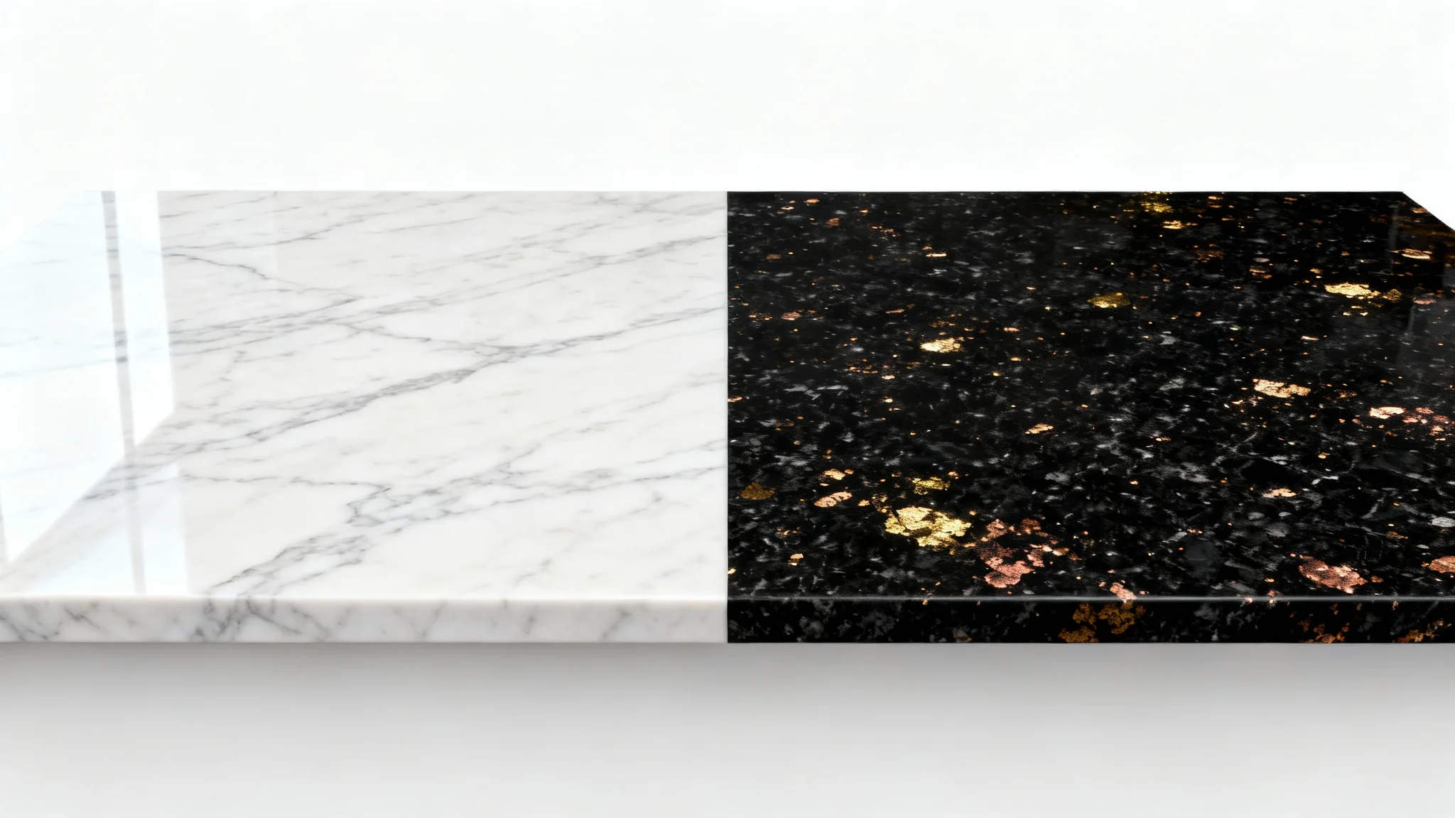 A photorealistic mockup of a kitchen island countertop split into two distinct styles, one side white marble, the other black granite, representing a countertop visualizer.