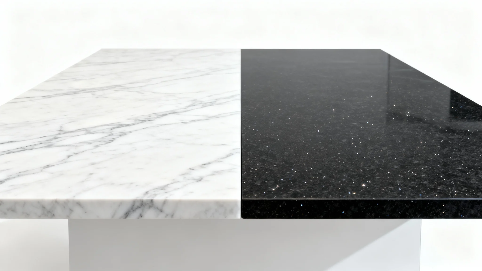 A comparison image showing a kitchen countertop split into two styles: one side is white marble, and the other is dark quartz, representing a countertop visualizer.