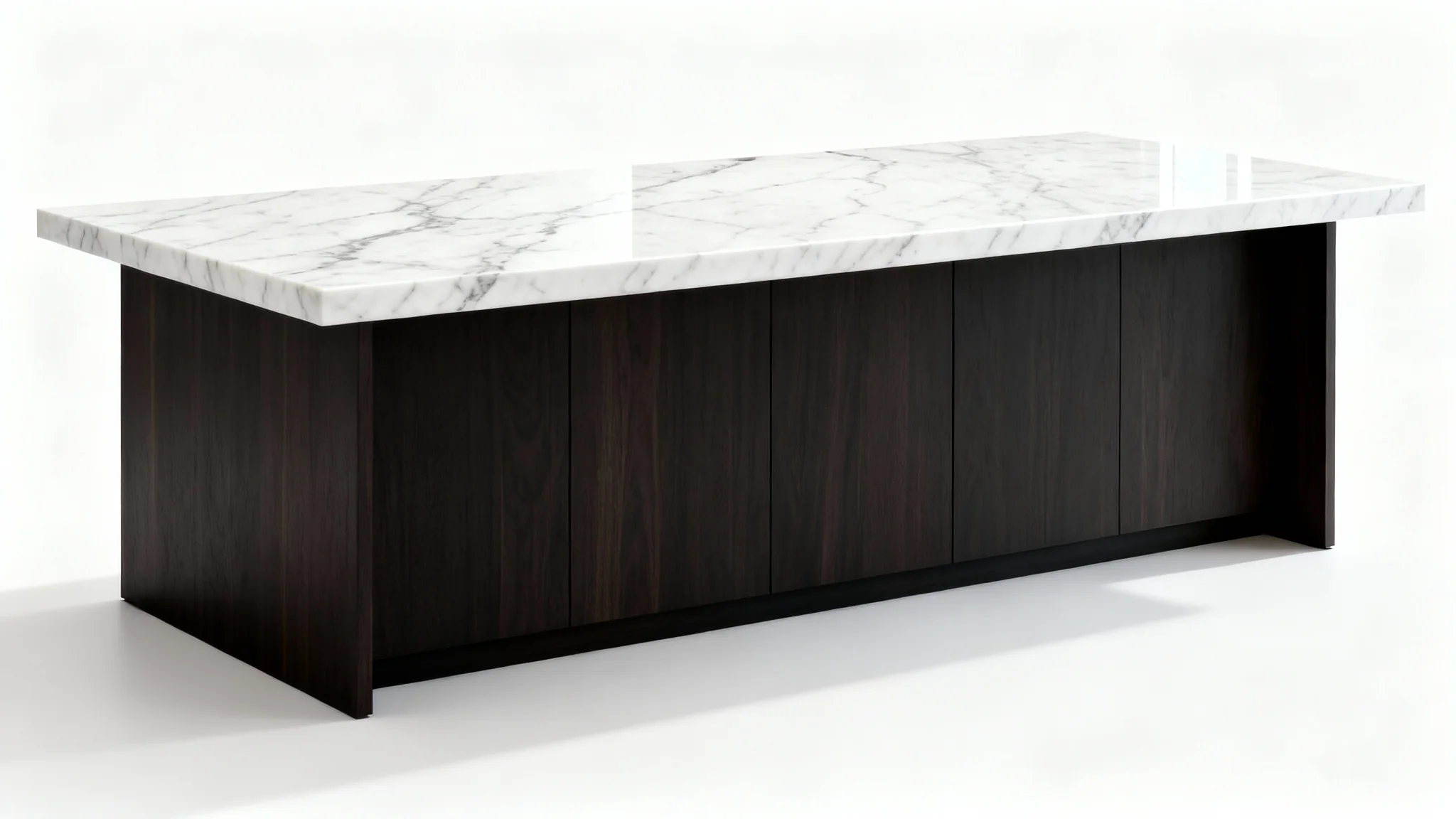 A modern kitchen island with a luxurious white and grey marble countertop, shown against a plain white background.