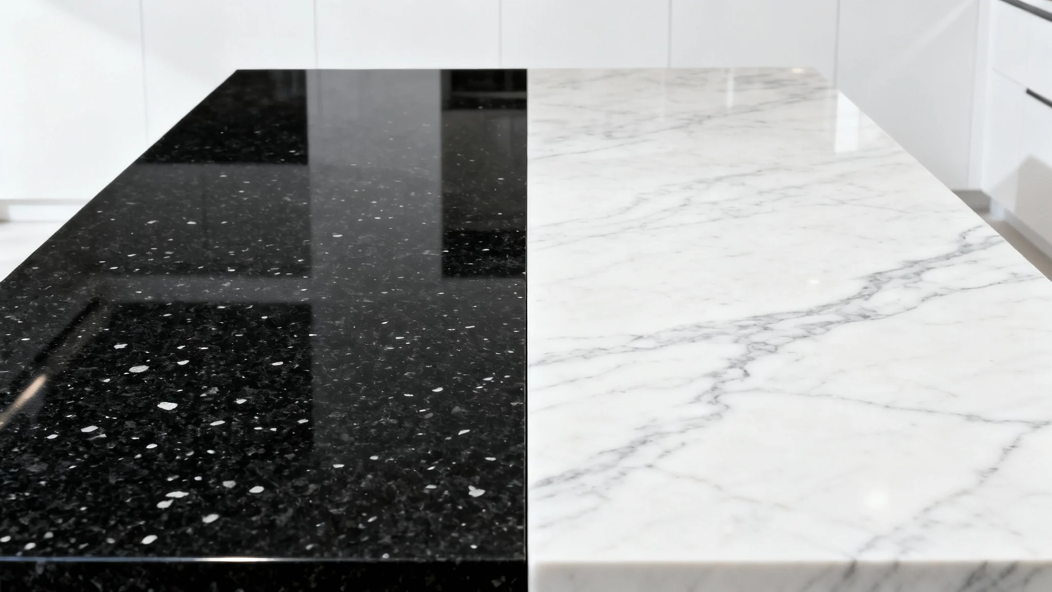 A modern kitchen countertop split into two different materials: one half is black granite, and the other half is white marble, demonstrating a countertop visualization concept.