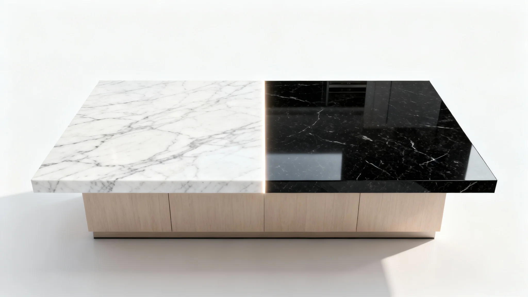 A modern kitchen island shown against a white background, with the countertop digitally split to show two different options: white marble on one side and black granite on the other, visualizing countertop choices.