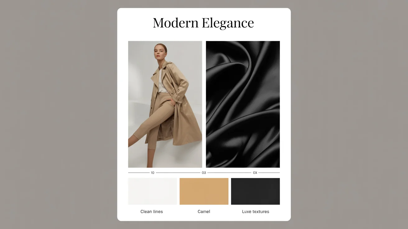 A professionally designed fashion mood board with a 'Modern Elegance' theme, displayed in a 16:9 aspect ratio. The board includes images of a woman in a trench coat, silk fabric, a black handbag, a color palette of neutral tones, and text that reads 'MODERN ELEGANCE'.