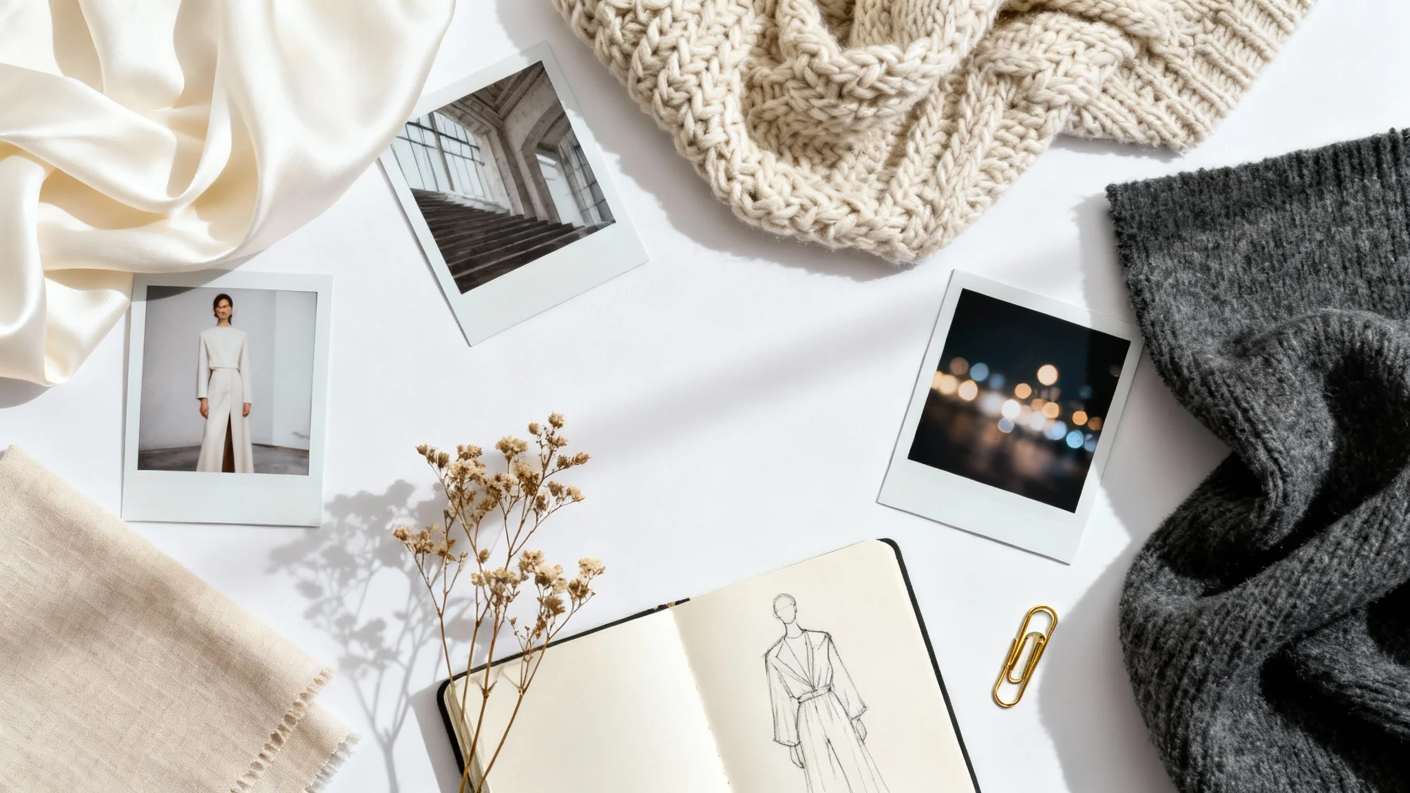 A professionally styled flat lay of a fashion mood board on a white background, featuring fabric swatches, inspirational photos, and a fashion sketch.
