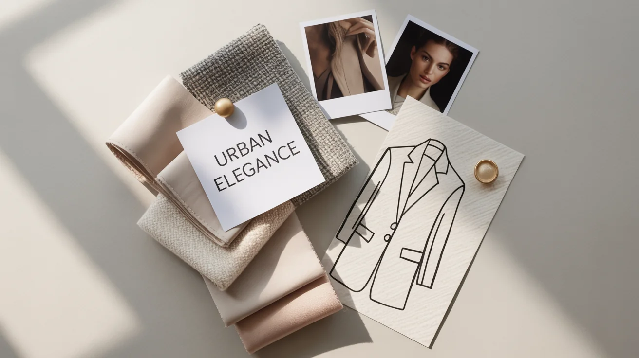 A flat lay of a fashion mood board on a white background, featuring fabric swatches, polaroid photos of fashion details, a clothing sketch, and a card that reads 'Urban Elegance'.