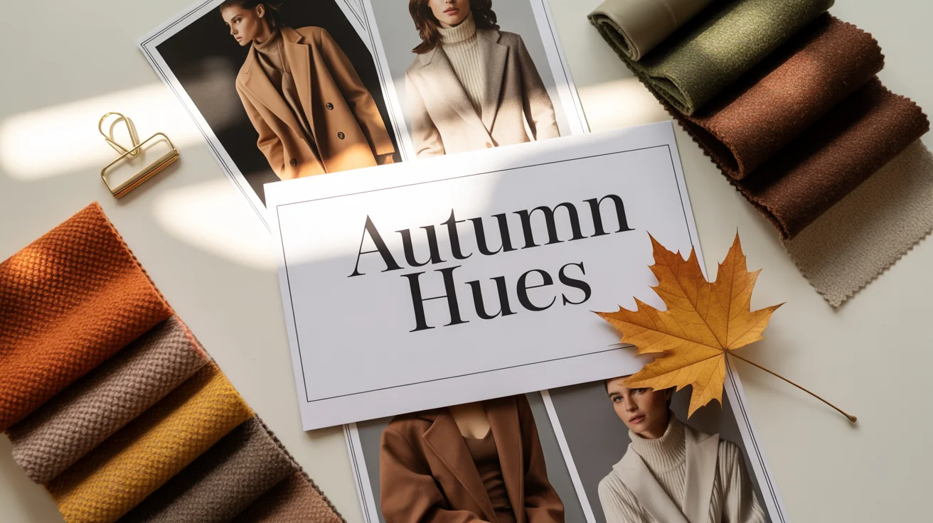 An artfully arranged fashion mood board on a white background, viewed from above. The board displays an autumn theme with photos of models, swatches of tweed and cashmere fabric, and a color palette of earthy tones.