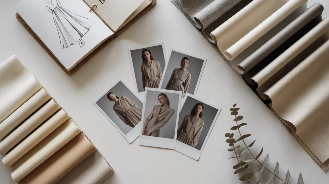 A top-down view of a minimalist fashion mood board on a white background, featuring photos of modern attire, neutral-toned fabric swatches, and a fashion sketch.