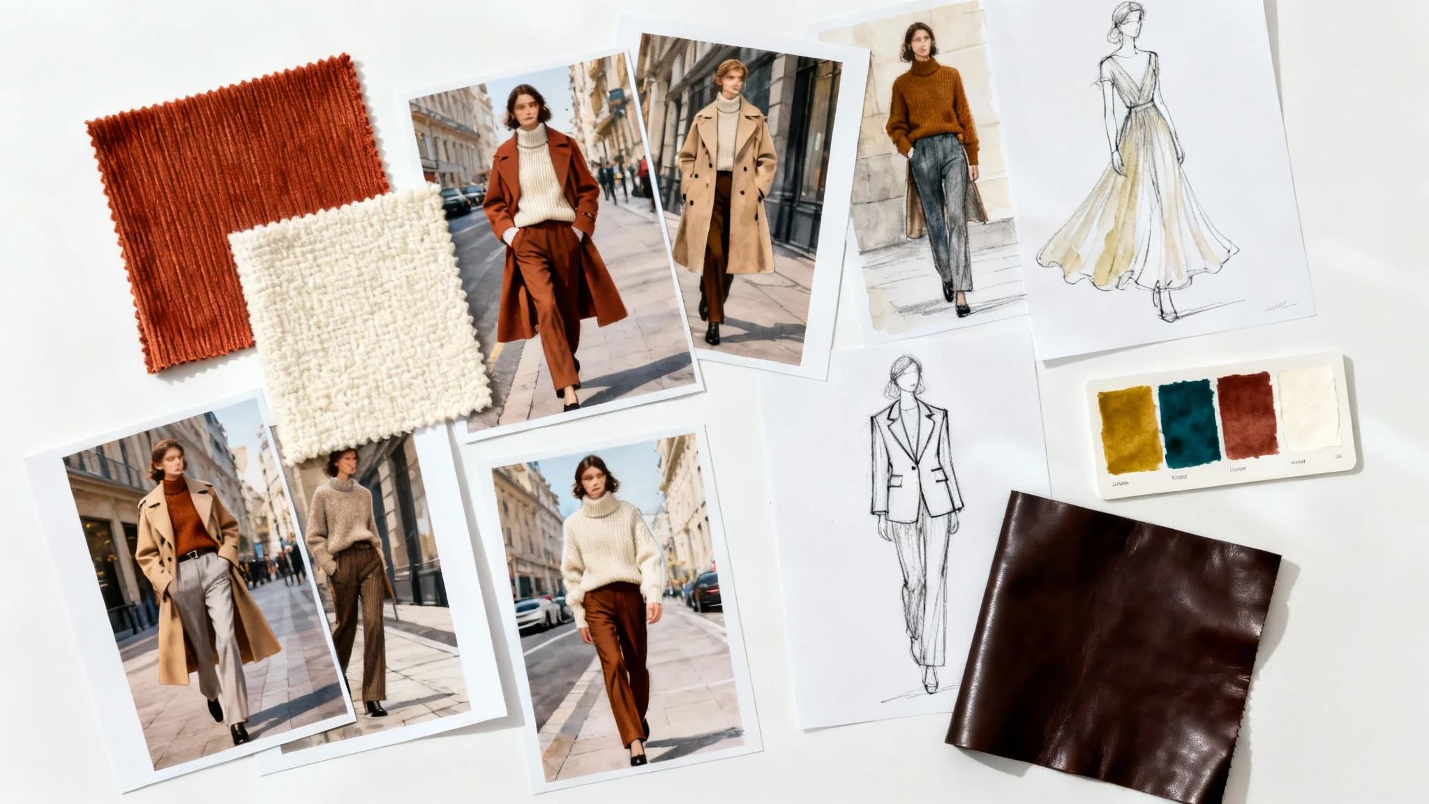 A top-down, professionally styled photograph of a fashion mood board on a white background. The board includes images of models, fabric swatches in autumnal colors, and fashion sketches.