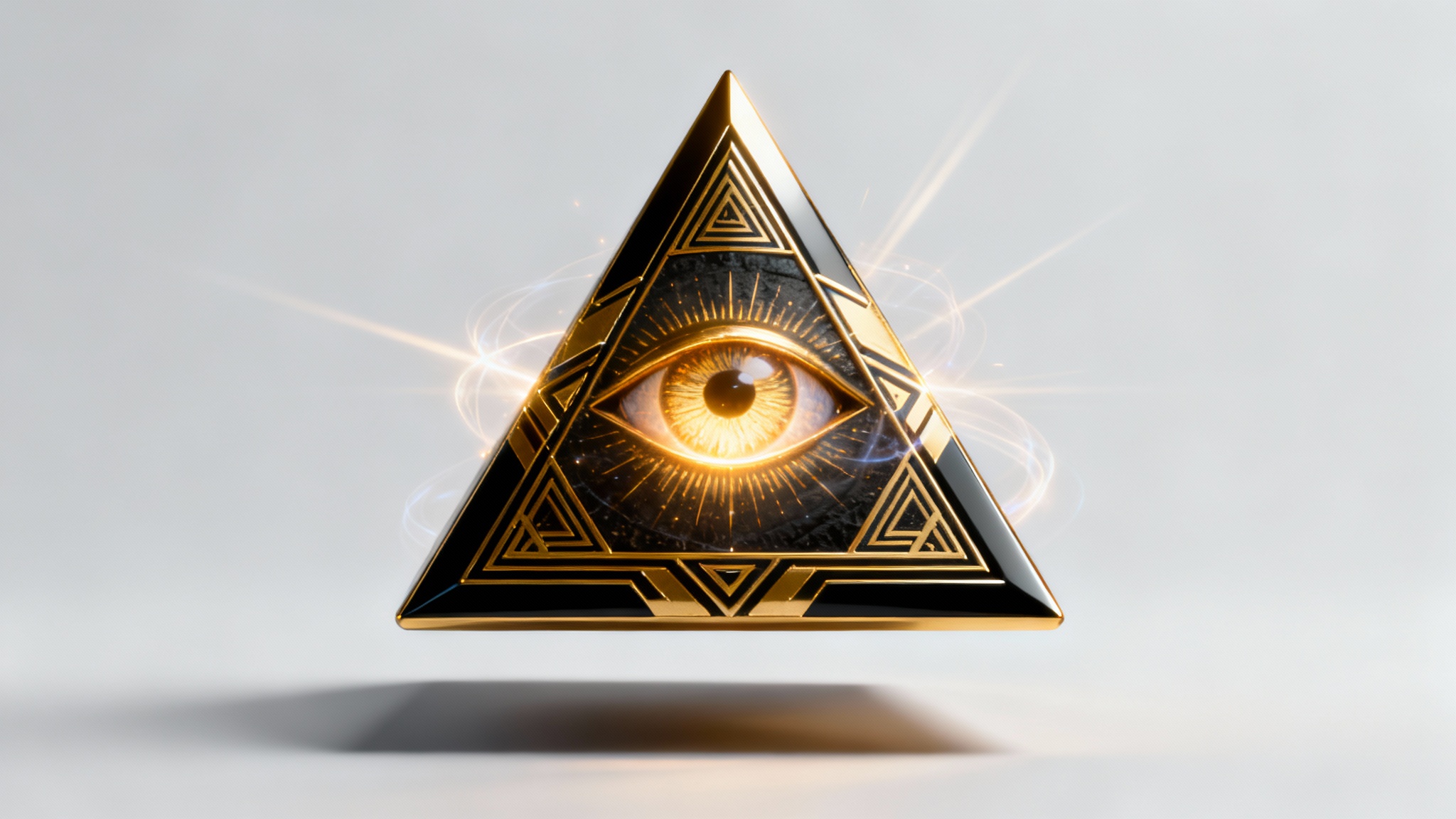 A modern digital illustration of the Illuminati eye symbol, centered against a light gray background. The symbol features a glowing eye inside a pyramid with intricate geometric patterns, designed to look like a high-quality PNG graphic.