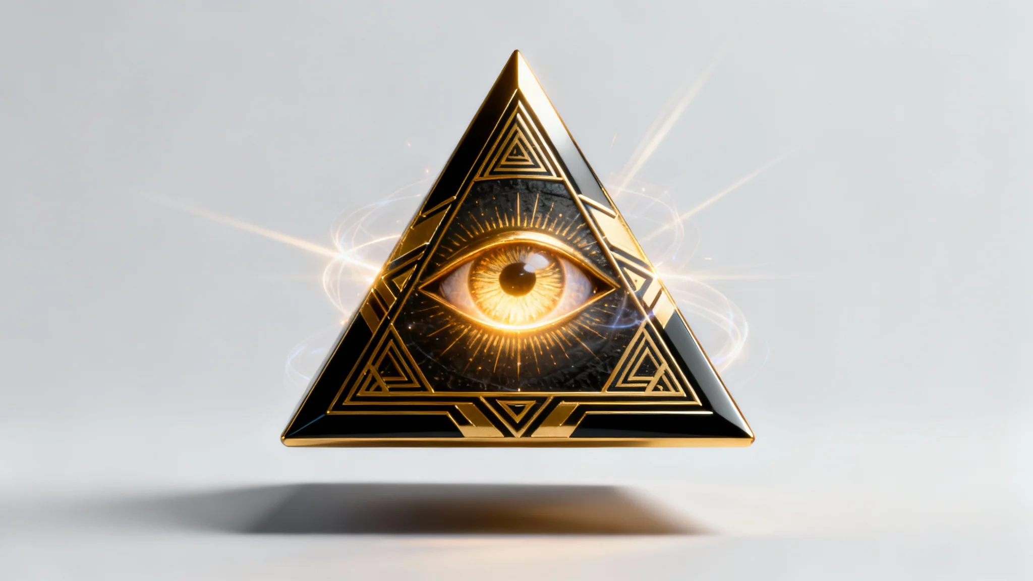 A modern digital illustration of the Illuminati eye symbol, centered against a light gray background. The symbol features a glowing eye inside a pyramid with intricate geometric patterns, designed to look like a high-quality PNG graphic.