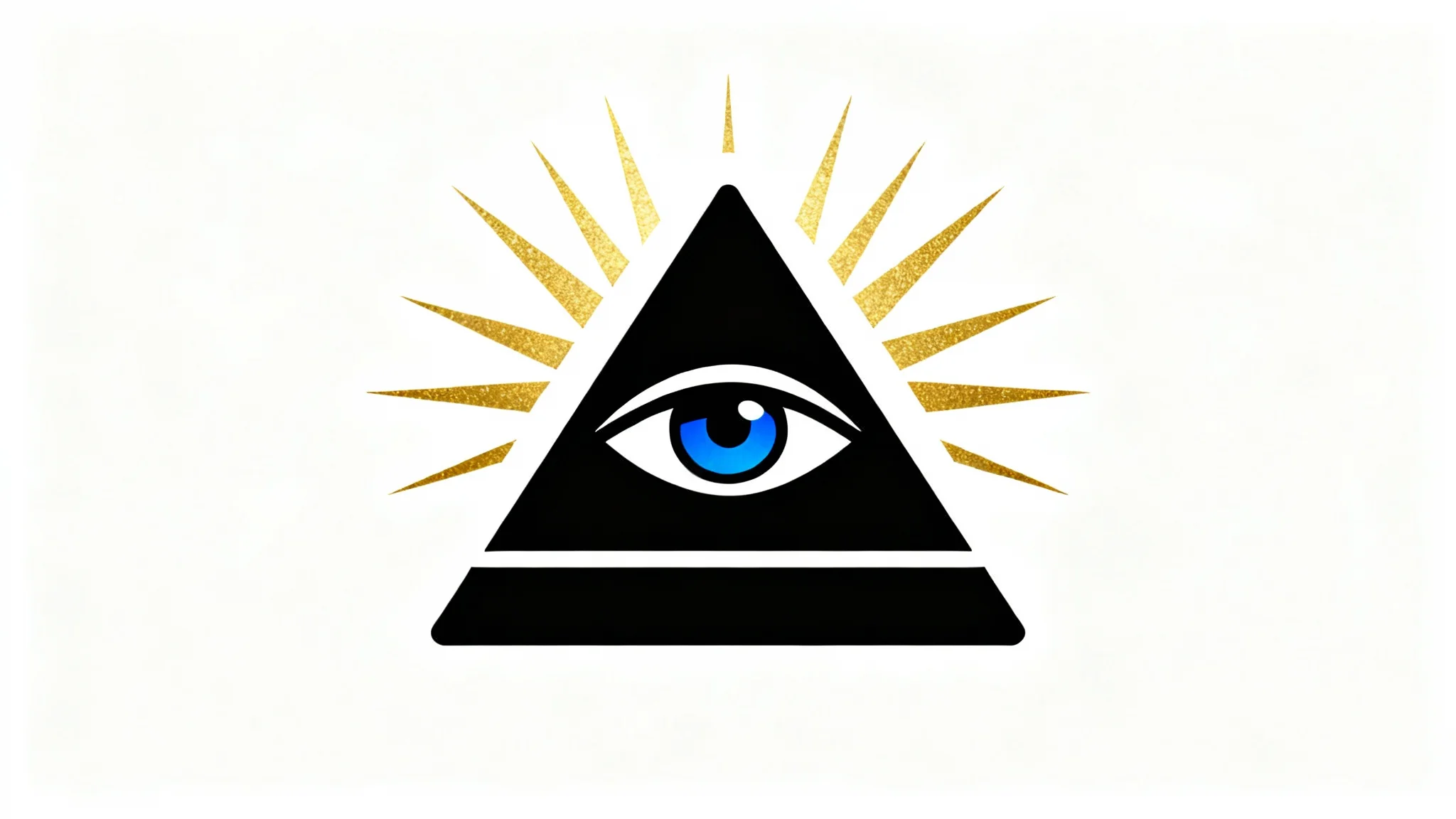 A modern graphic illustration of the Illuminati Eye of Providence, featuring a black pyramid with a detached top holding a blue eye, with golden rays of light emanating from it, all on a solid white background.
