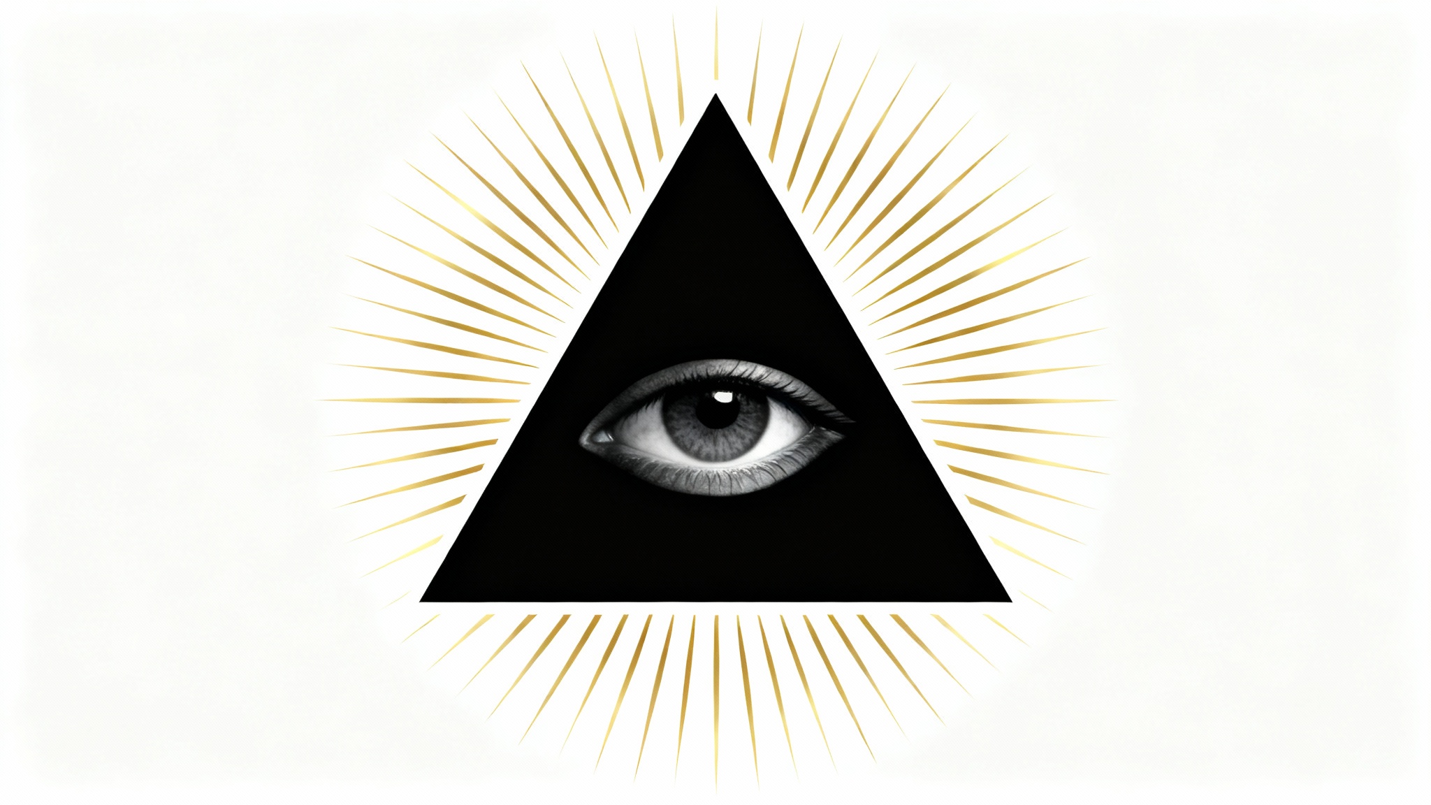 A graphic illustration of the Eye of Providence, featuring a realistic eye inside a black triangle with golden light rays, on a white background.