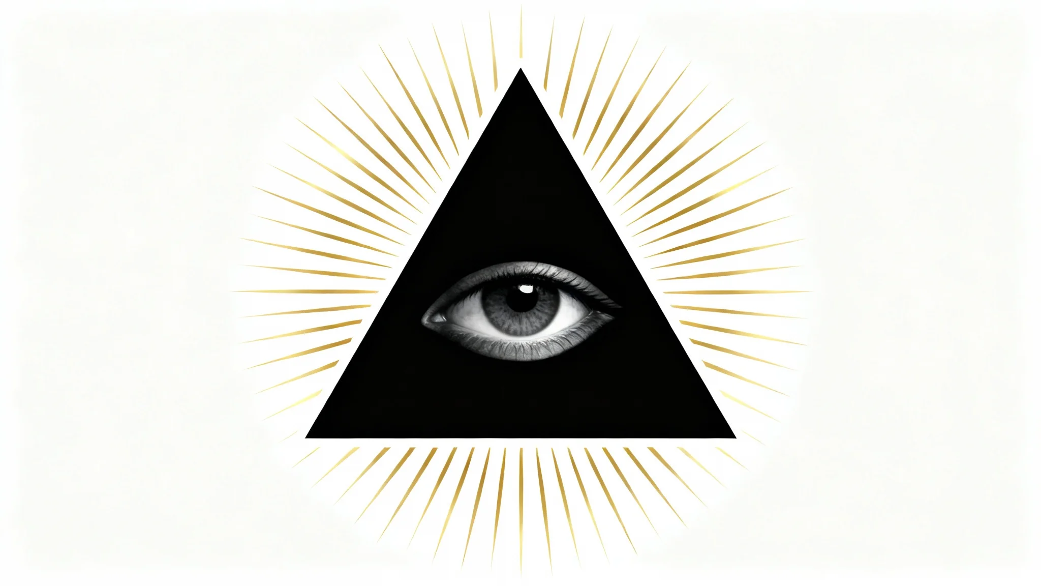 A graphic illustration of the Eye of Providence, featuring a realistic eye inside a black triangle with golden light rays, on a white background.