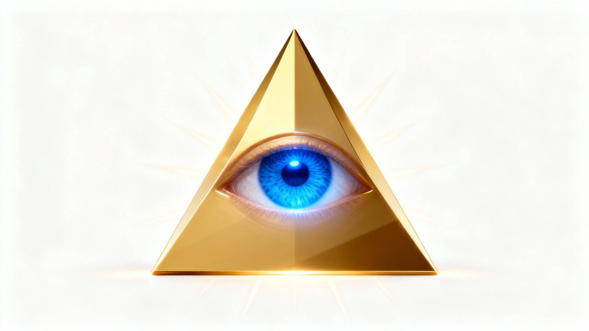 A modern graphic icon of the Illuminati eye, featuring a realistic blue eye inside a golden pyramid with light rays emanating from it, set against a clean white background.