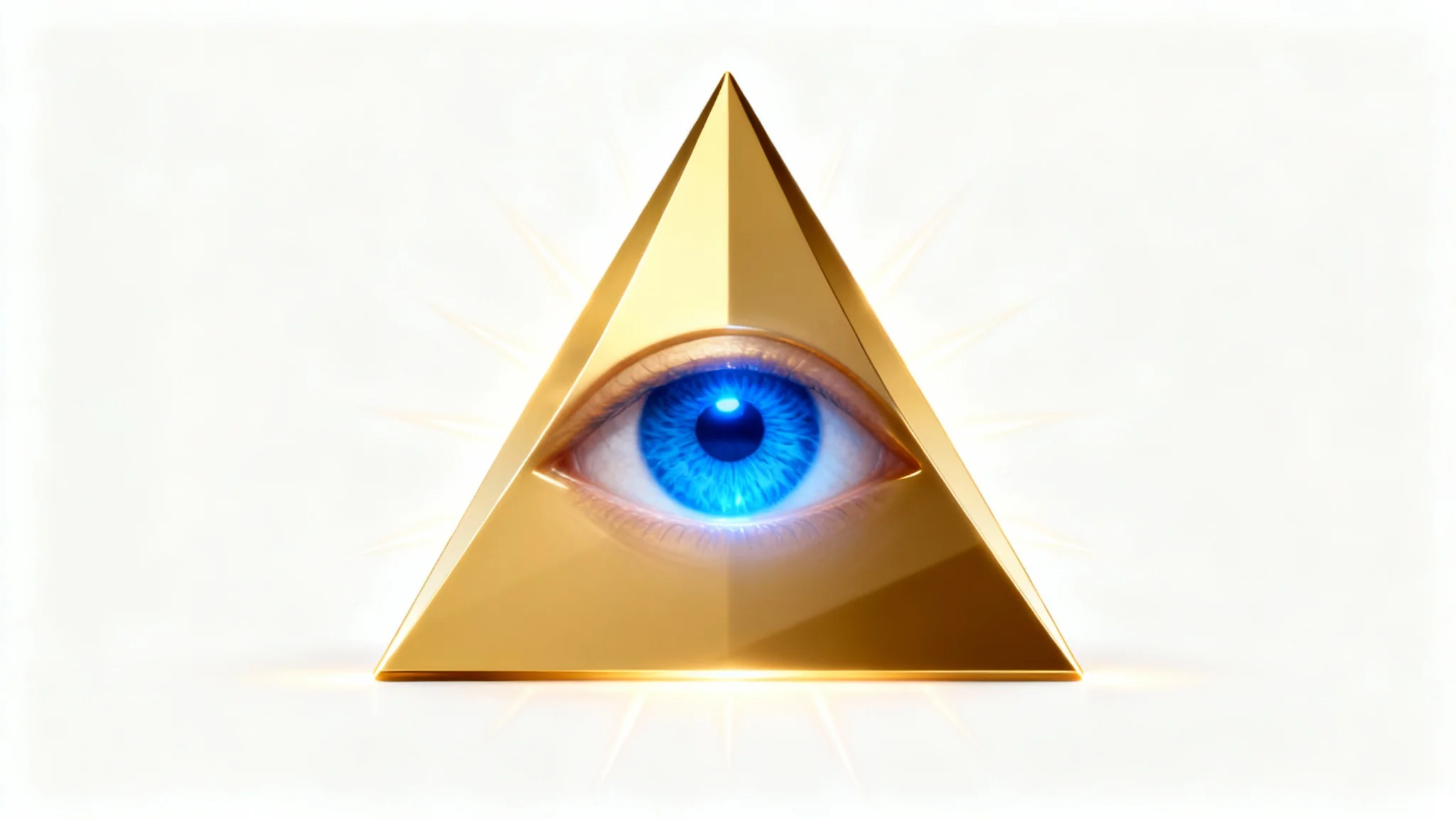 A modern graphic icon of the Illuminati eye, featuring a realistic blue eye inside a golden pyramid with light rays emanating from it, set against a clean white background.
