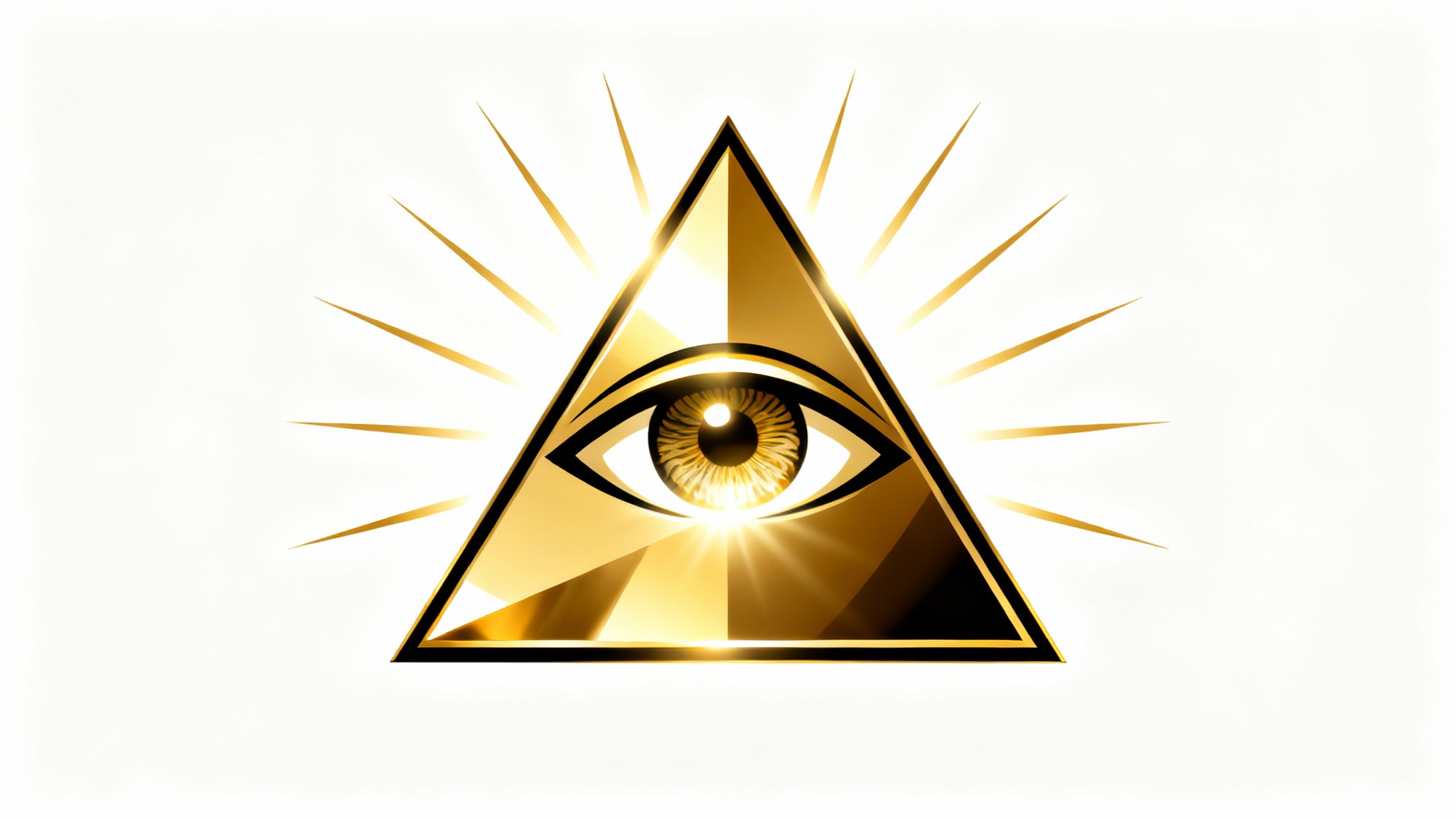 A modern graphic illustration of the Eye of Providence, featuring a stylized eye inside a golden pyramid with rays of light emanating from it, set against a clean white background.