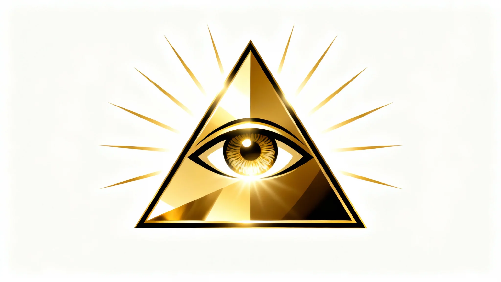 A modern graphic illustration of the Eye of Providence, featuring a stylized eye inside a golden pyramid with rays of light emanating from it, set against a clean white background.