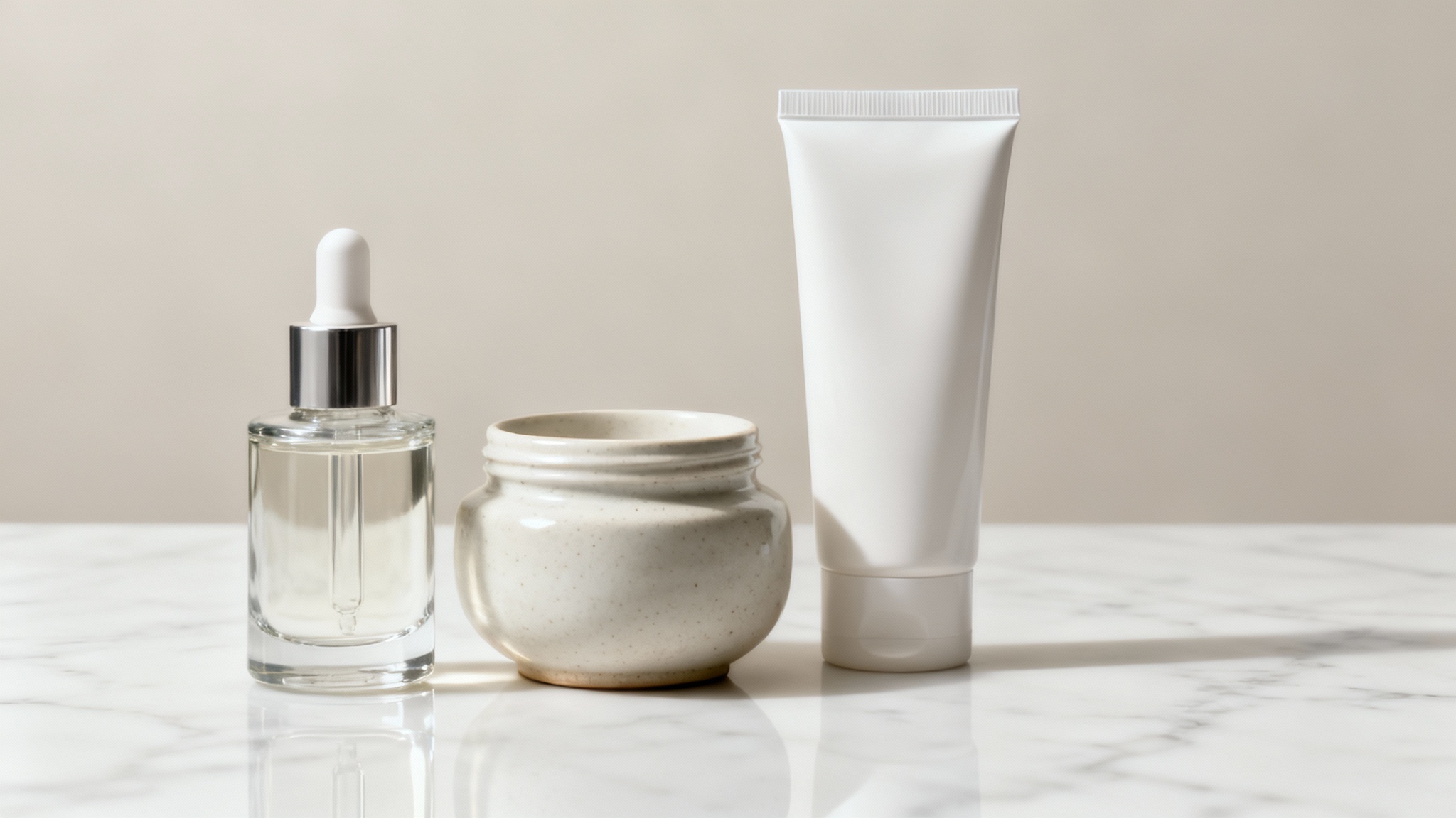 A high-end collection of cosmetic products with all labels and branding removed, showcasing a clean, professional product photography result.