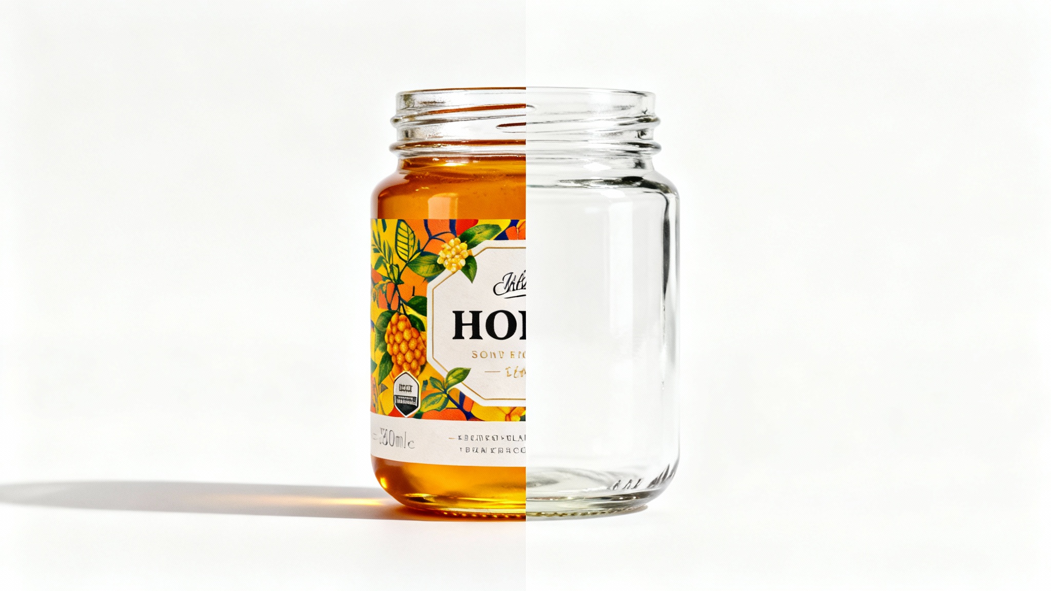 A photorealistic image of a honey jar, split in half to show a before and after. The left side has a label, and the right side is perfectly clean glass with the label removed.