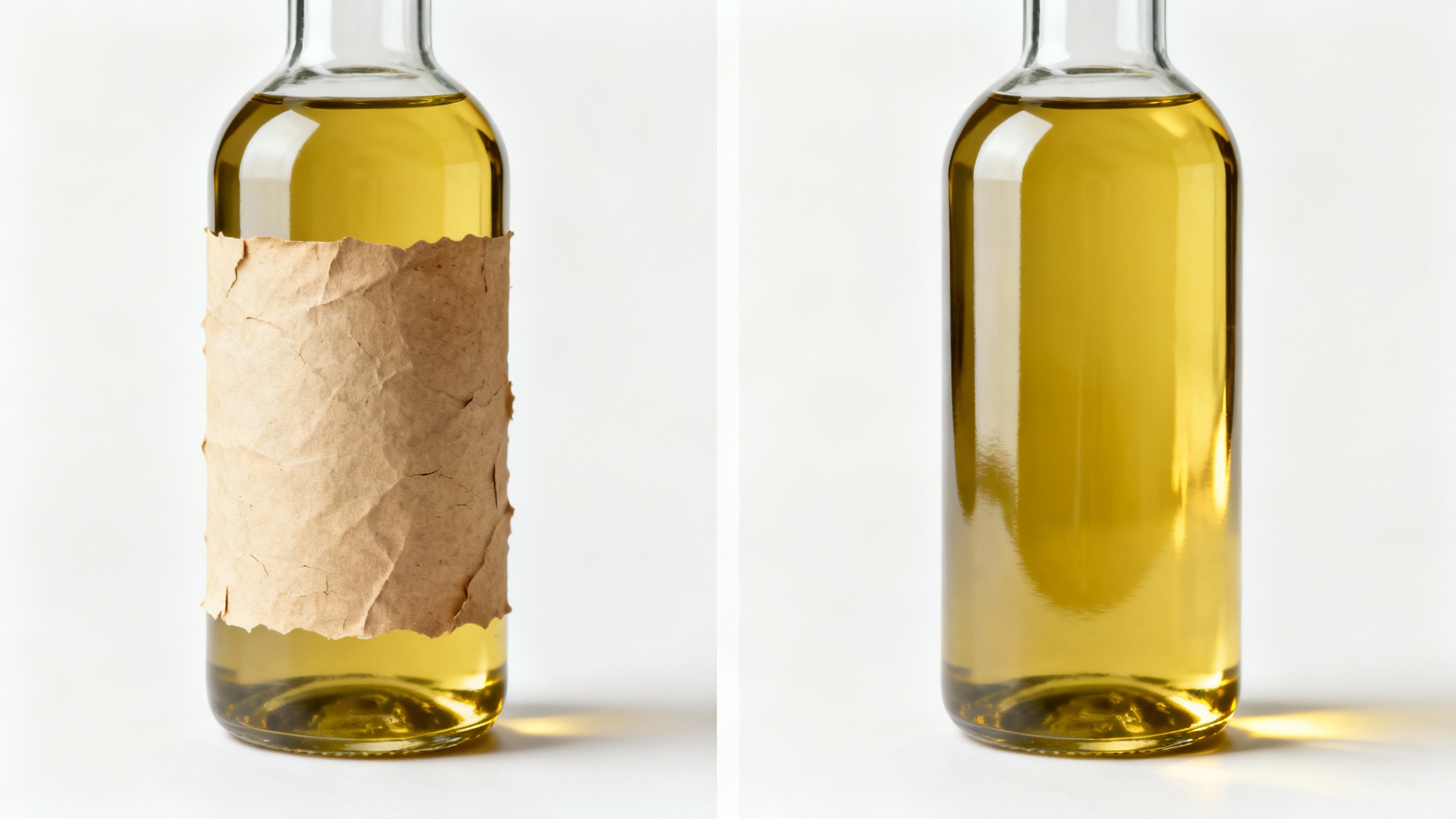 A before-and-after comparison image showing a glass bottle of olive oil with its label on, and the identical bottle next to it with the label cleanly removed, demonstrating a label removal feature.