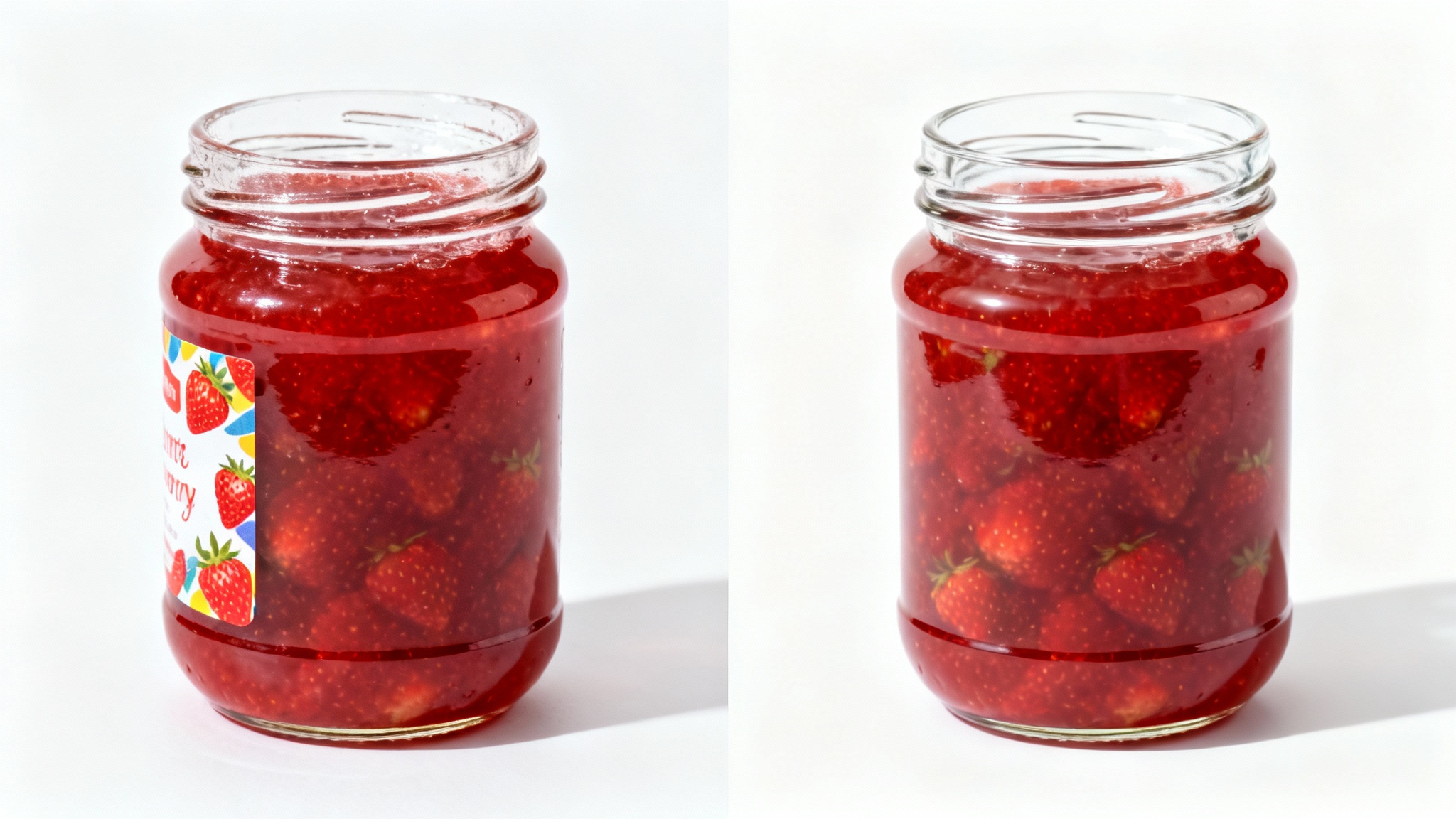 A side-by-side comparison showing a glass jar with a label on the left, and the same jar with the label perfectly removed on the right, demonstrating a label removal tool.