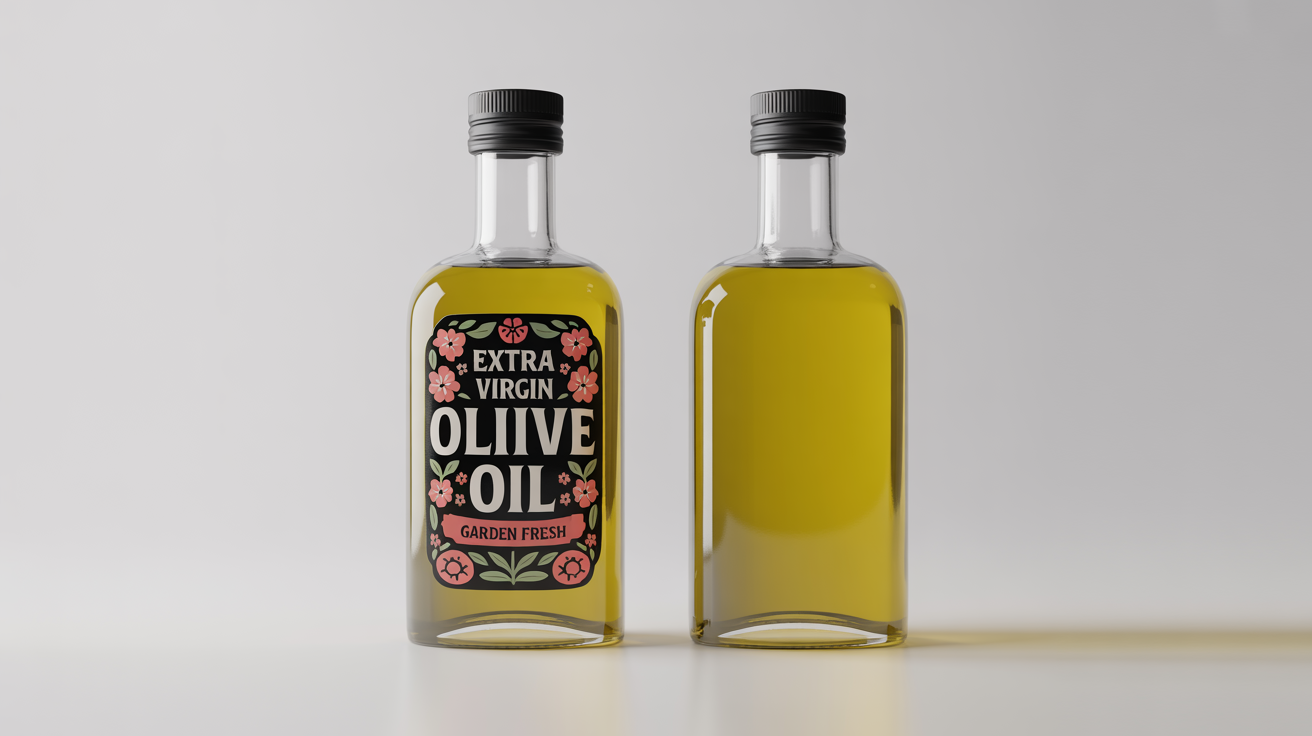 A before-and-after image demonstrating label removal. On the left is a glass bottle with a colorful label, and on the right is the same bottle with the label perfectly removed, showing a clean, minimalist look.