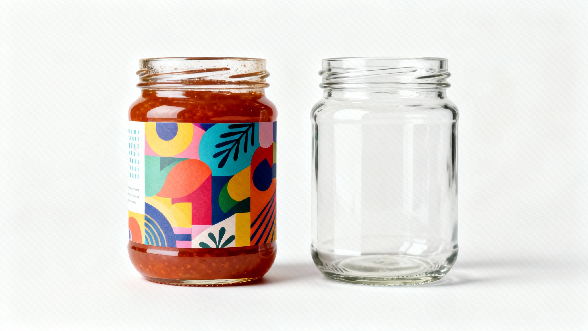 A side-by-side comparison demonstrating a label removal feature. The left image shows a glass jar with a label, and the right image shows the same jar with the label perfectly removed.