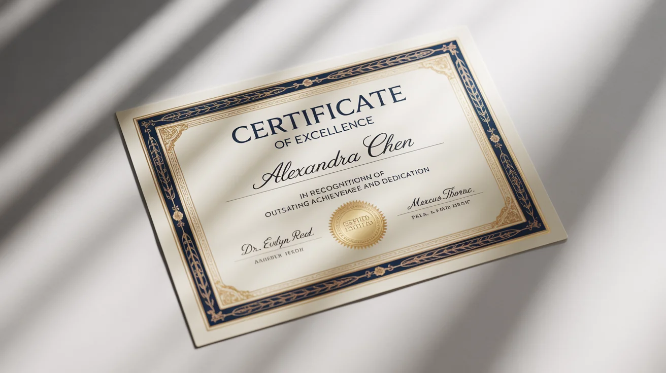 A professional certificate of excellence with elegant gold foil and navy blue details, featuring an embossed gold seal, displayed on a clean white background.