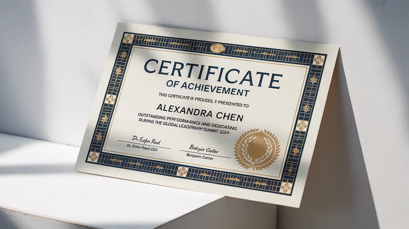 A professionally designed certificate of achievement for 'Alexandra Chen' displayed on a white background, featuring an elegant navy and gold border and an embossed gold foil seal.