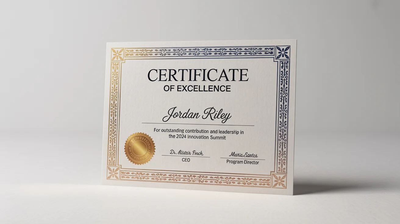 A professionally designed certificate of excellence for 'Jordan Riley', featuring an elegant gold and navy blue border and a gold foil seal, presented on a clean white background.