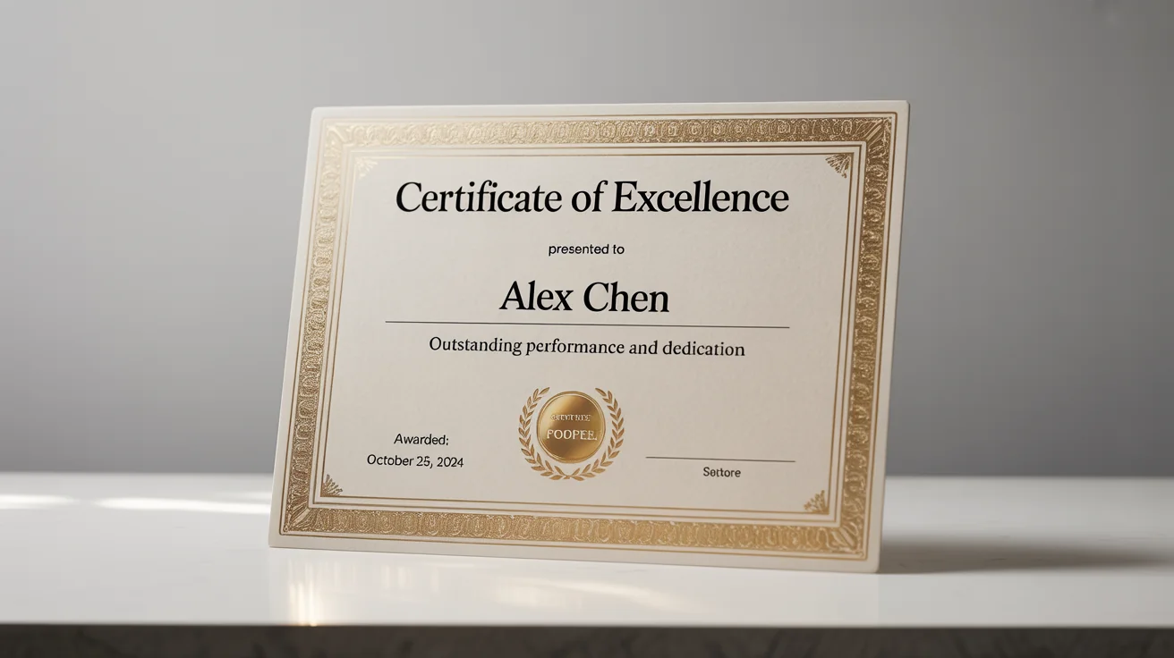 A professionally designed certificate of excellence with a name, date, and a gold foil border and seal, presented as a mockup on a clean white background.