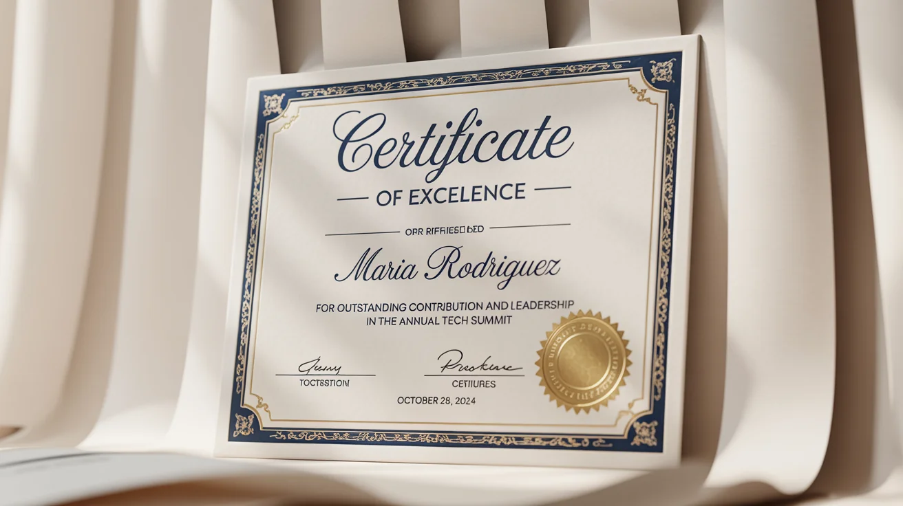 A professionally designed Certificate of Excellence for Maria Rodriguez, featuring an elegant blue and gold border and a gold foil seal, presented on a clean white background.