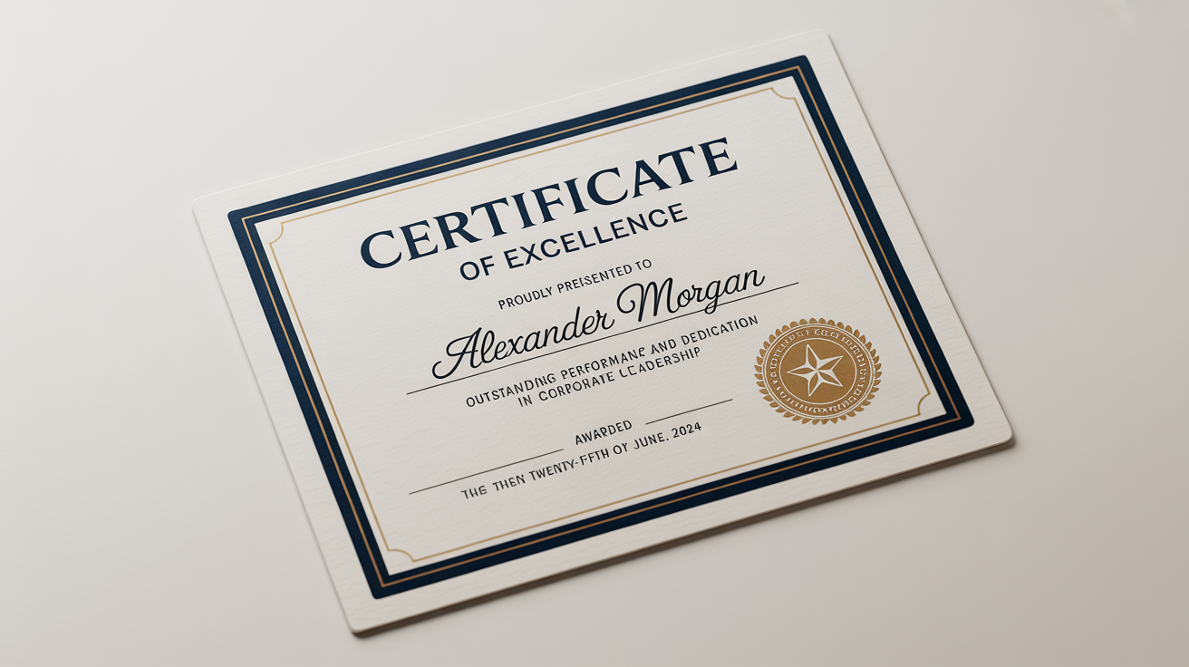 A professional certificate of excellence for 'Alexander Morgan' displayed on a white background, featuring a dark blue and gold foil border and an embossed gold seal.