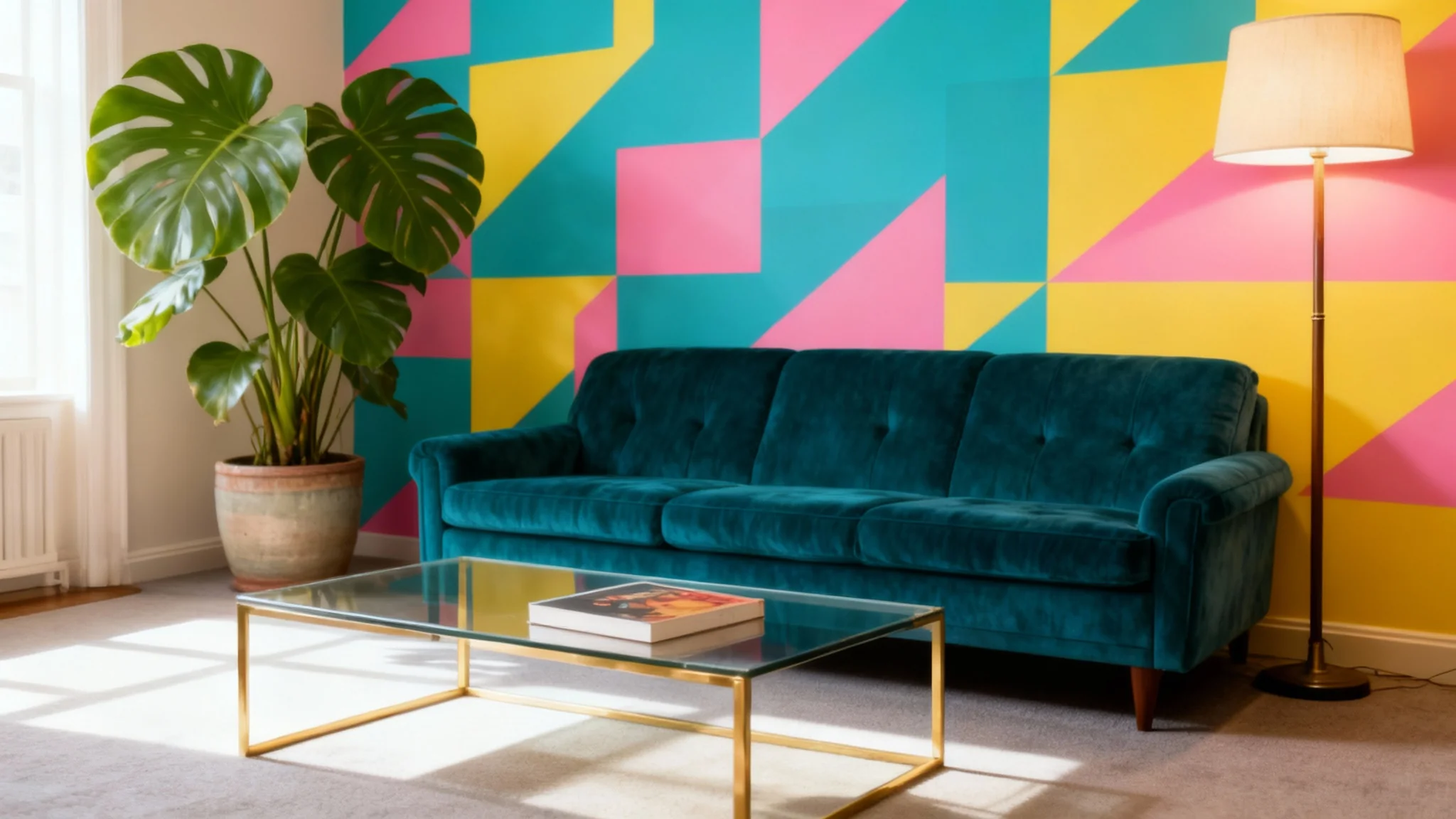 A stunning, professionally designed living room showcasing a vibrant 80s geometric wallpaper accent wall, a plush teal sofa, and minimalist decor, representing a polished final design result.