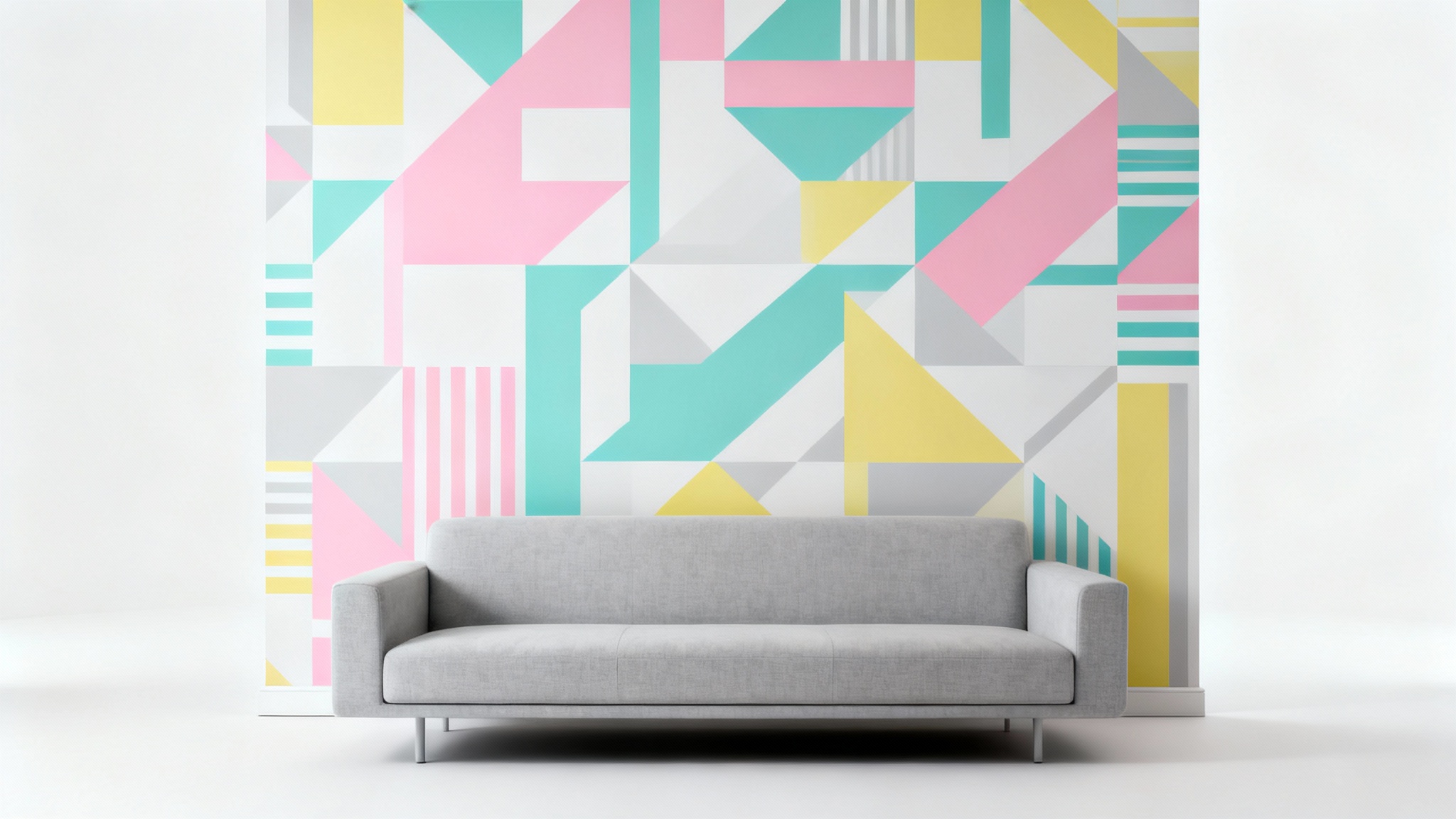 A modern mockup of a 1980s-inspired living room, featuring a wall with geometric pastel wallpaper and a minimalist grey sofa, isolated against a white background.