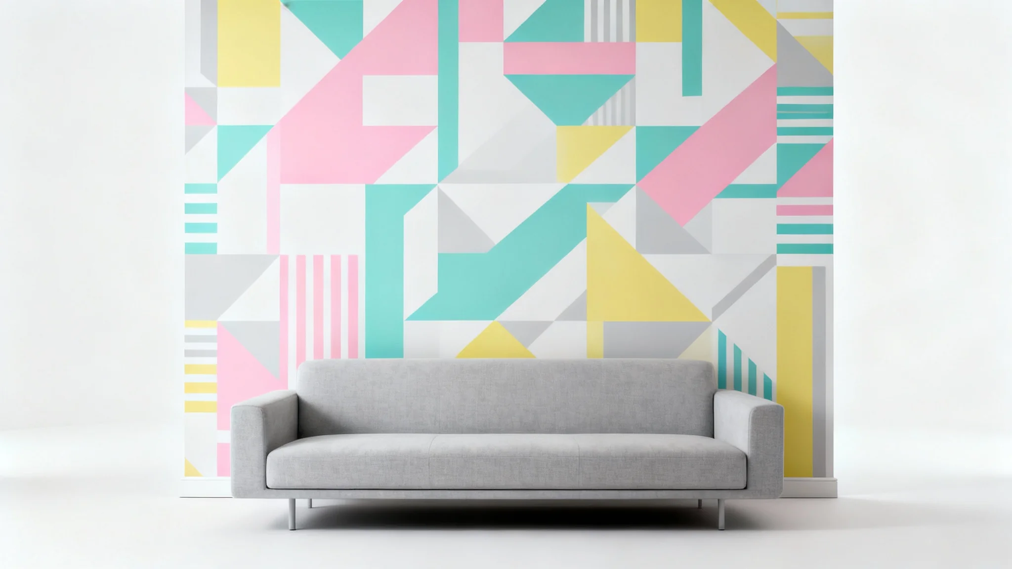 A modern mockup of a 1980s-inspired living room, featuring a wall with geometric pastel wallpaper and a minimalist grey sofa, isolated against a white background.