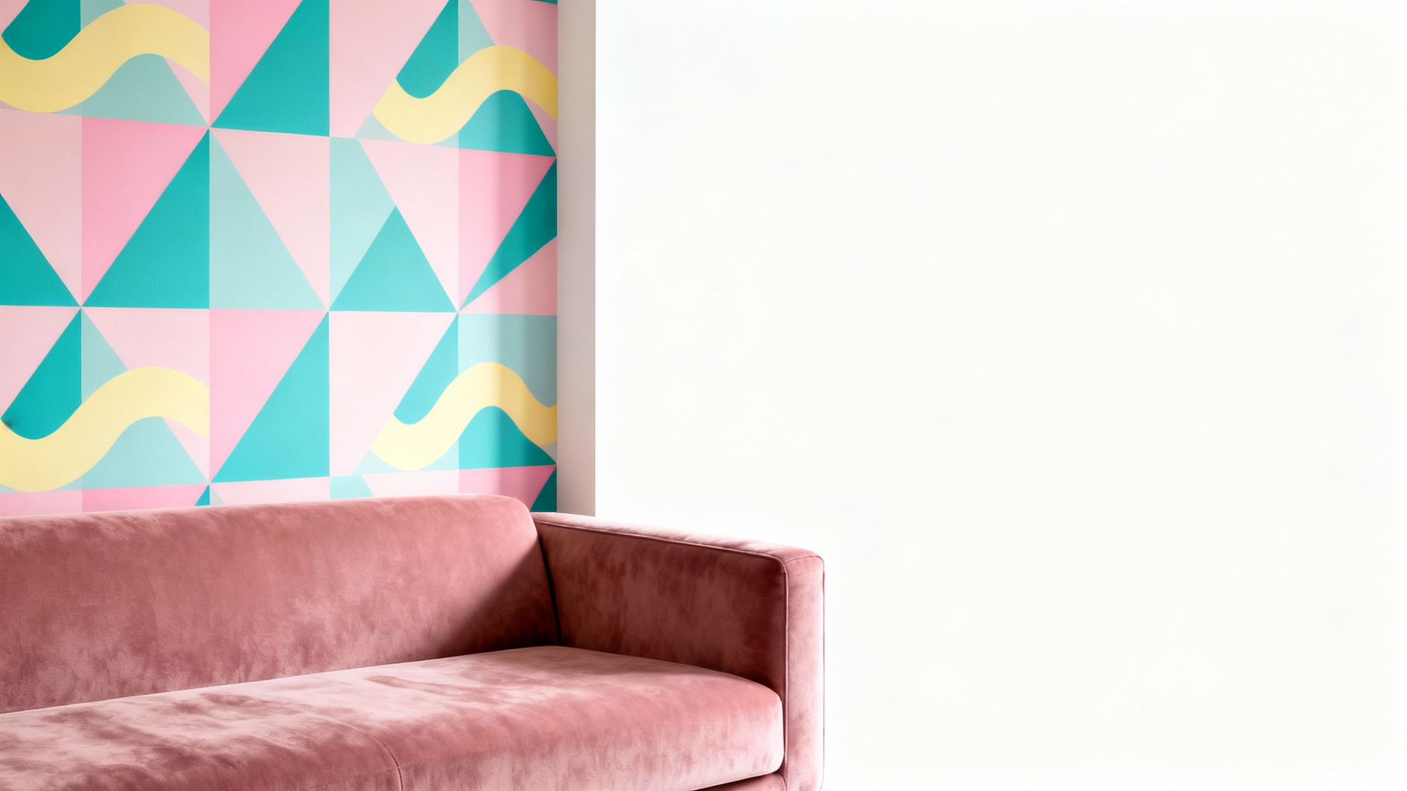 A mockup of a 1980s-style living room featuring a wall with geometric pastel wallpaper and a corner of a dusty rose sofa, presented on a clean white background.