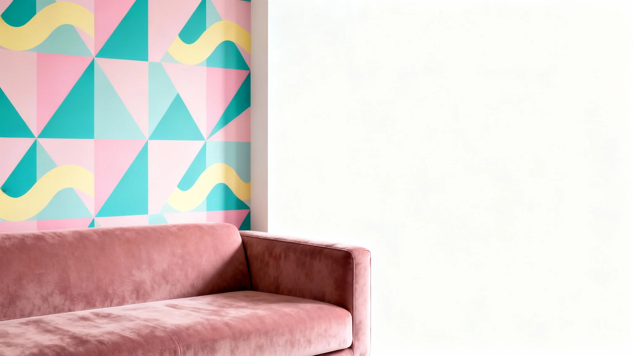 A mockup of a 1980s-style living room featuring a wall with geometric pastel wallpaper and a corner of a dusty rose sofa, presented on a clean white background.