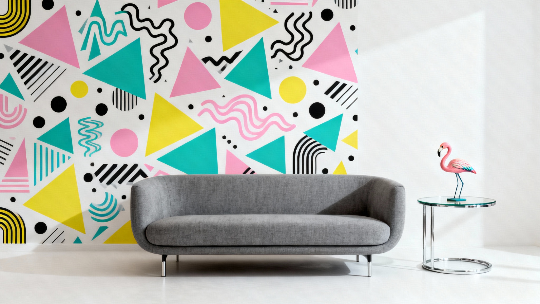 A stylish living room vignette showcasing 1980s-style wallpaper with a bold, colorful geometric Memphis design.