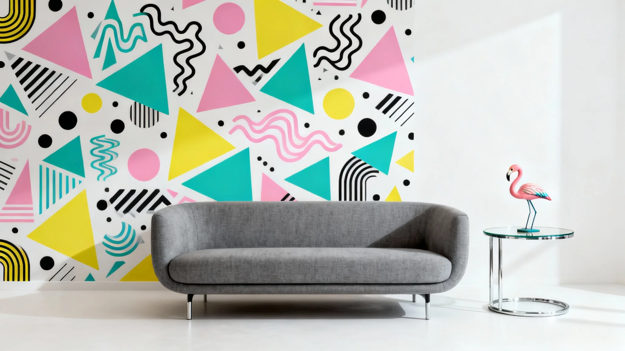 A stylish living room vignette showcasing 1980s-style wallpaper with a bold, colorful geometric Memphis design.
