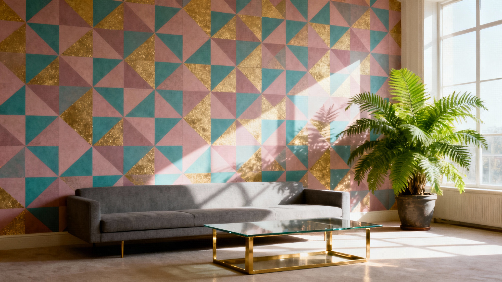 A bright, stylish living room with a feature wall of 80s geometric wallpaper in pink, teal, and gold. A gray sofa and glass coffee table furnish the room.