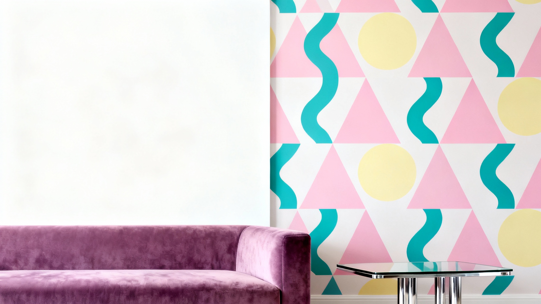 A vibrant mockup of a 1980s living room corner, featuring bold geometric wallpaper in pastel colors and a portion of a mauve sofa, set against a clean white background.
