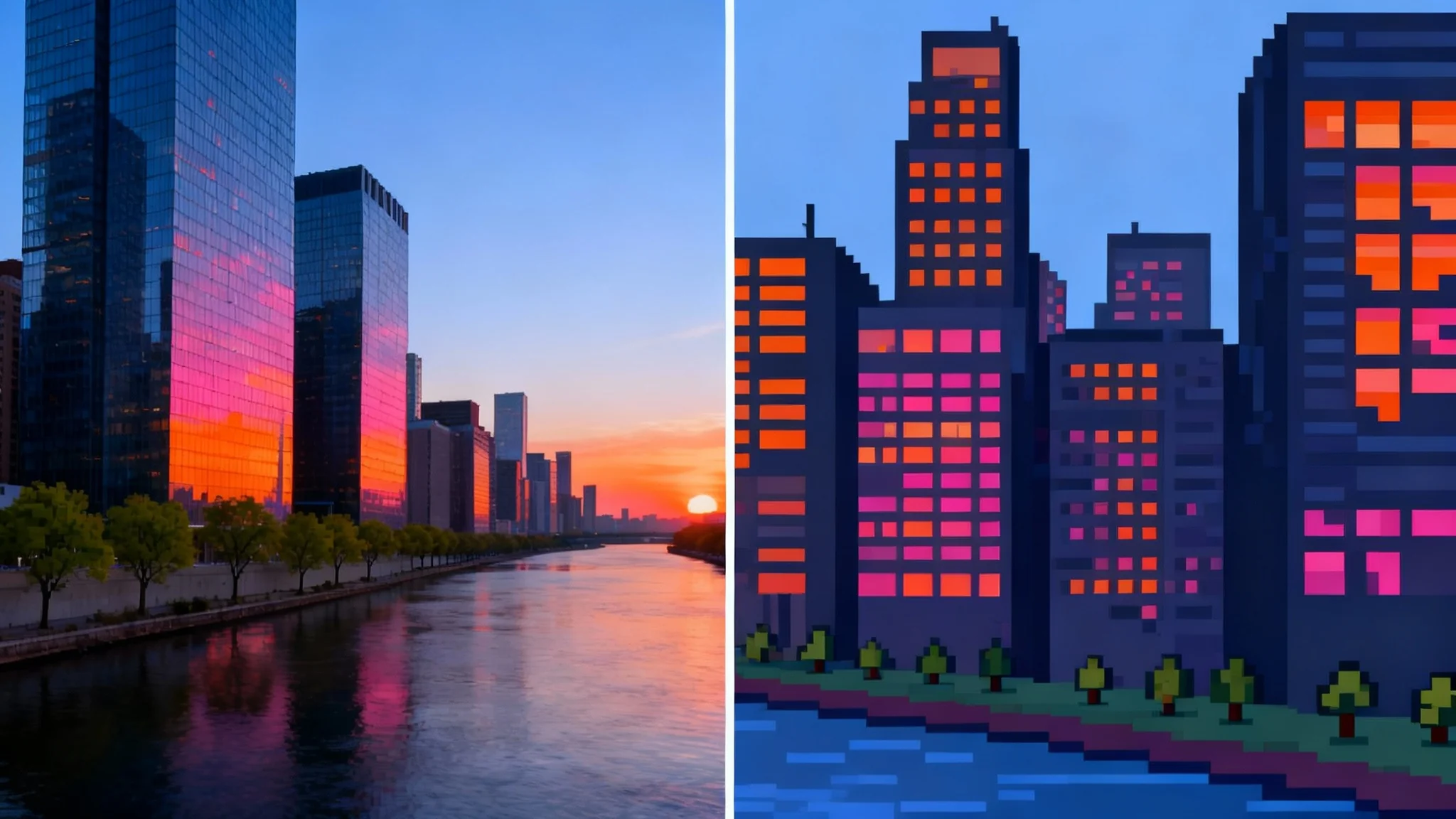 A split-screen image showing the effect of an 8-bit photo converter. The left side is a realistic photo of a cityscape at sunset, and the right side is the same scene converted into colorful 8-bit pixel art.