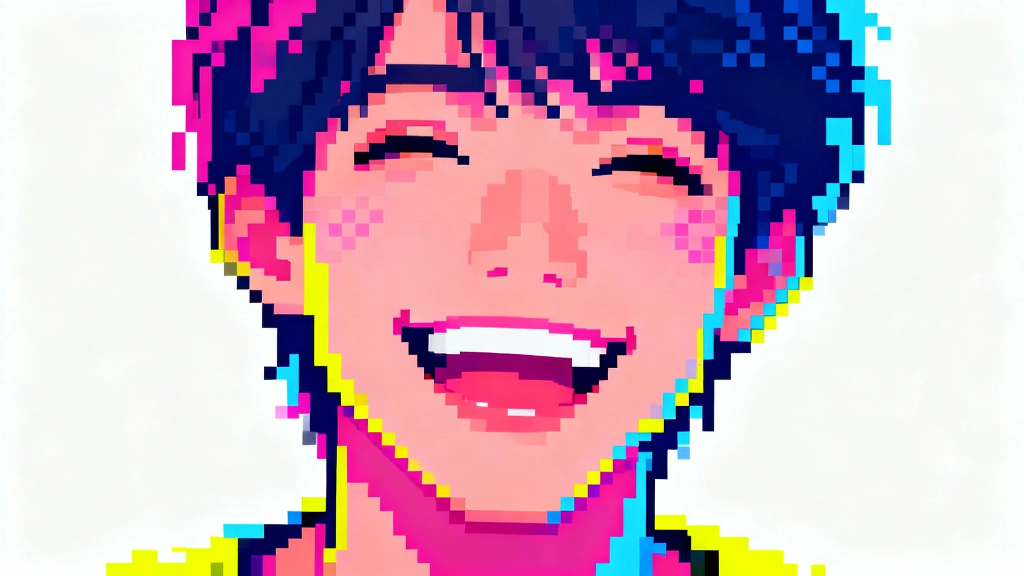 An 8-bit pixel art portrait of a person, demonstrating a photo to retro video game style conversion, set against a plain white background.