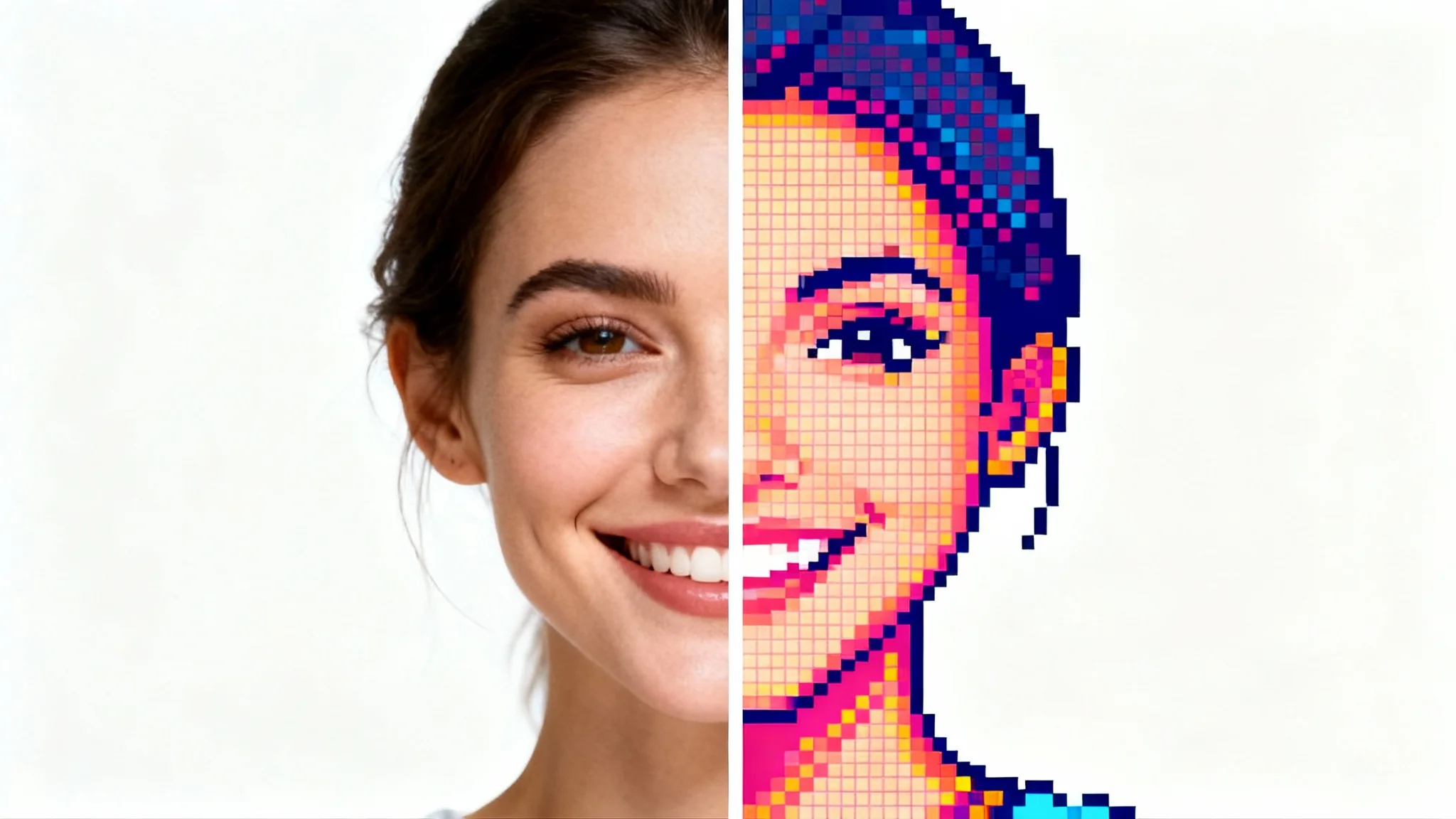 A before-and-after image showing a photo converter effect. The left side is a realistic portrait of a woman, and the right side is the same portrait transformed into colorful 8-bit pixel art.