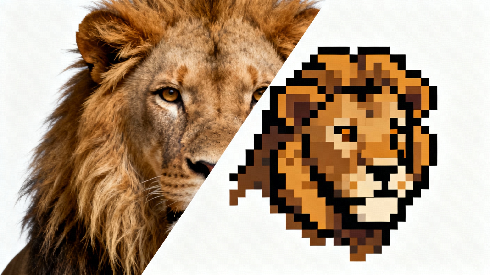 A split image showing a photorealistic lion's head on one side and the same image converted into colorful 8-bit pixel art on the other, demonstrating an 8-bit photo converter.