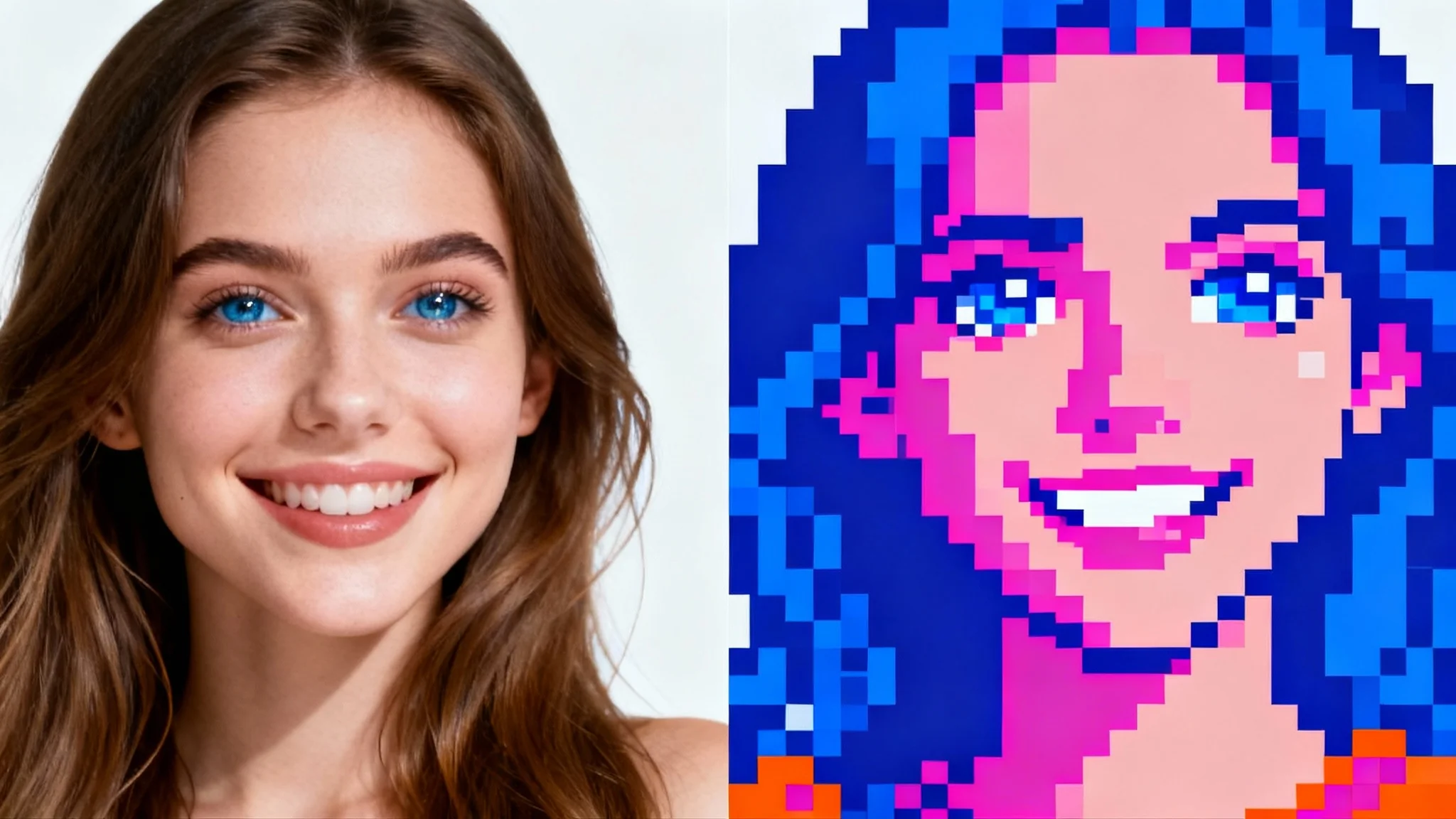 A split-screen image showing the effect of an 8-bit photo converter. The left side is a photorealistic portrait of a woman, and the right side is the same portrait rendered in colorful 8-bit pixel art.