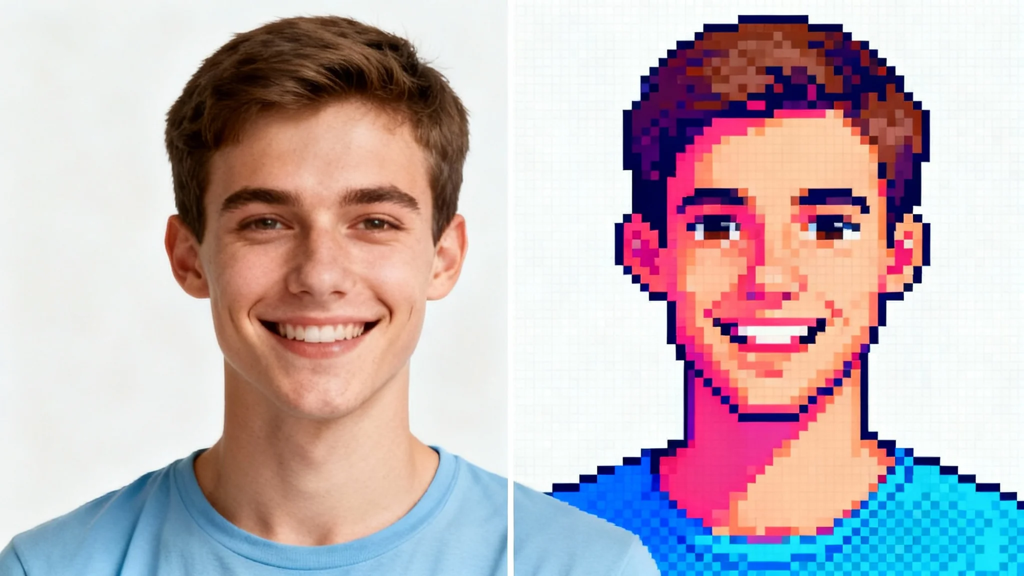 A before-and-after image demonstrating an 8-bit photo converter. The left side is a realistic photo of a smiling man, and the right side is the same image converted into a colorful, pixelated 8-bit art style.